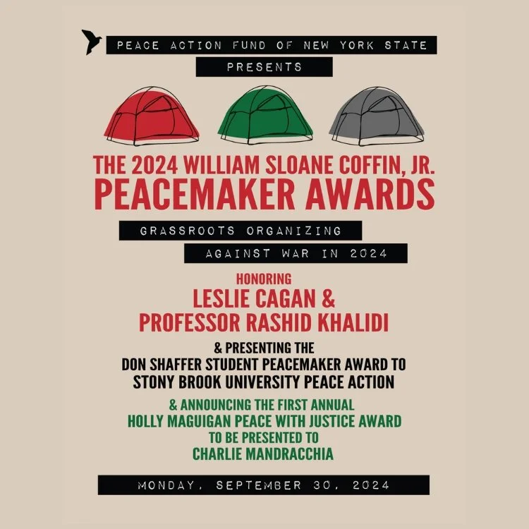 Event journal cover for the 2024 William Sloane Coffin Jr. Peacemaker Awards honoring Leslie Cagan and Professor Rashid Khalidi.