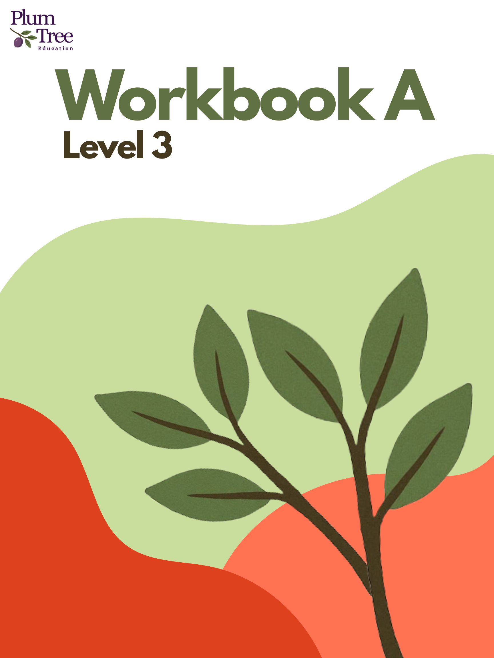 Cover of a workbook titled 'Workbook A Level 3' with a branch and green leaves, a logo with a plum, and abstract green and orange shapes in the background.