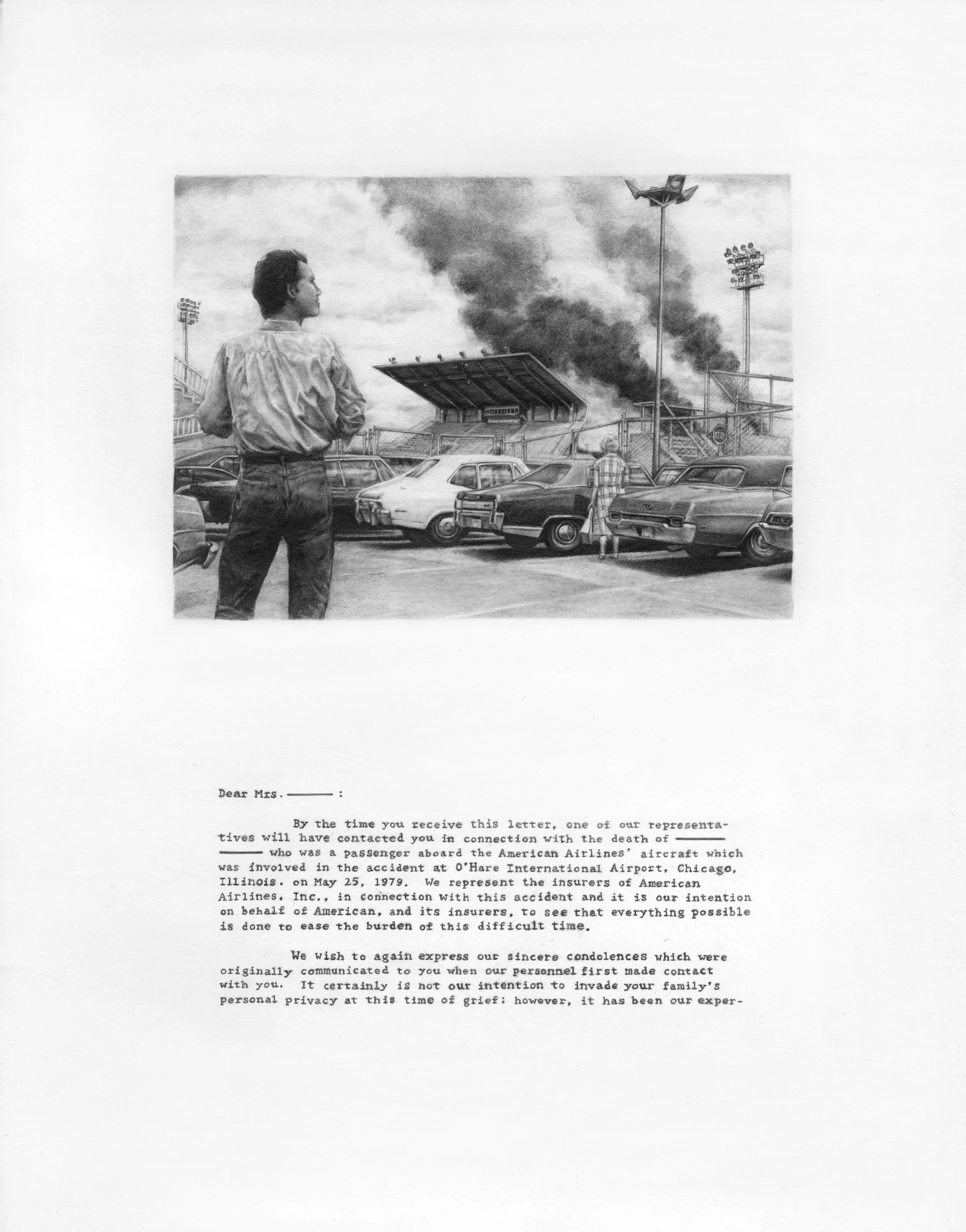 O’Hare, 2017, graphite on paper, 14” x 11”