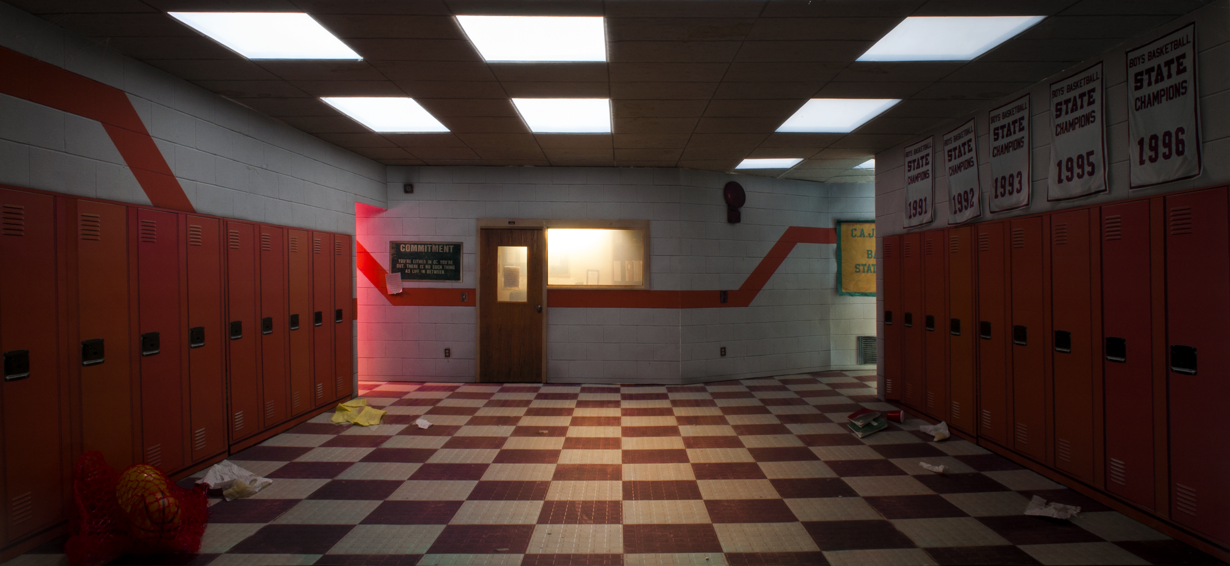 INT. HIGH SCHOOL, CHANGING ROOM (forced perspective model)