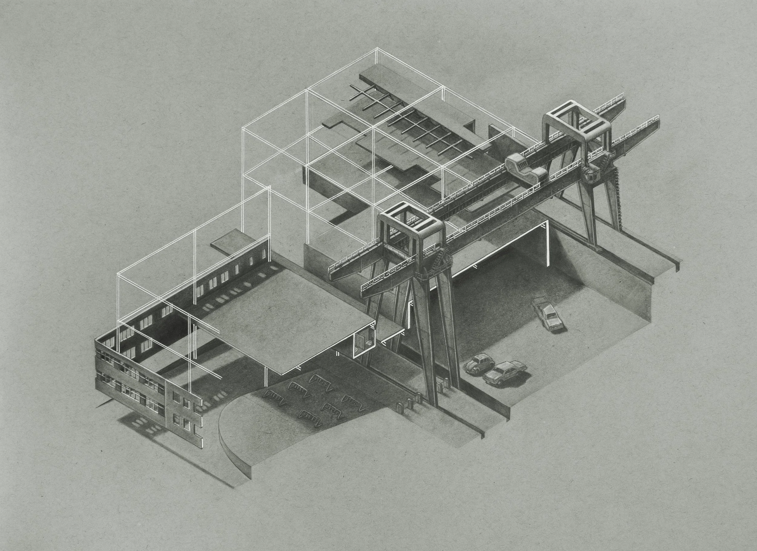 Necropolis Metropolis, Axonometric, 2020, graphite and acrylic on paper, 18” x 24”