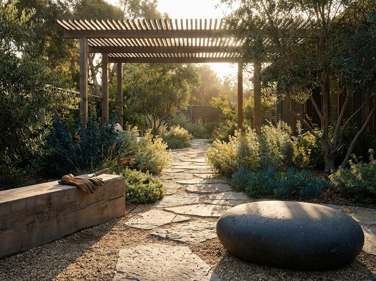 A sunlit garden pathway with a pergola, surrounded by lush green plants and trees, with a large smooth black rock and gardening gloves placed on a wooden bench in the foreground.