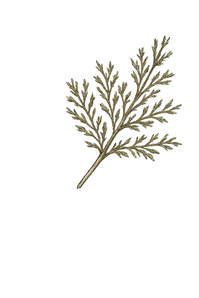 A sprig of dried herb with fine, feathery leaves, possibly sage or a similar herb, on a black background.