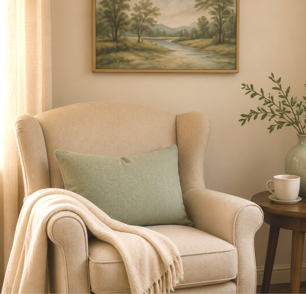 A cozy, welcoming living room corner with a beige armchair draped with a cream blanket, a light green pillow, a small round wooden side table holding a white mug.