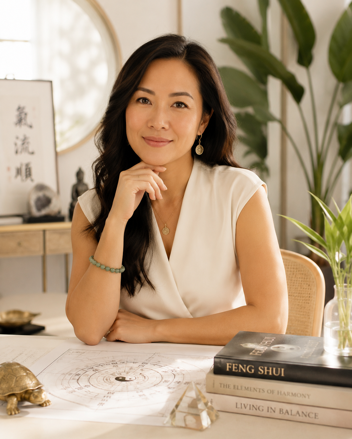 A woman sitting at a desk in a well-decorated room, with feng shui books, a turtle figurine, and charts, smiling and resting her chin on her hand.