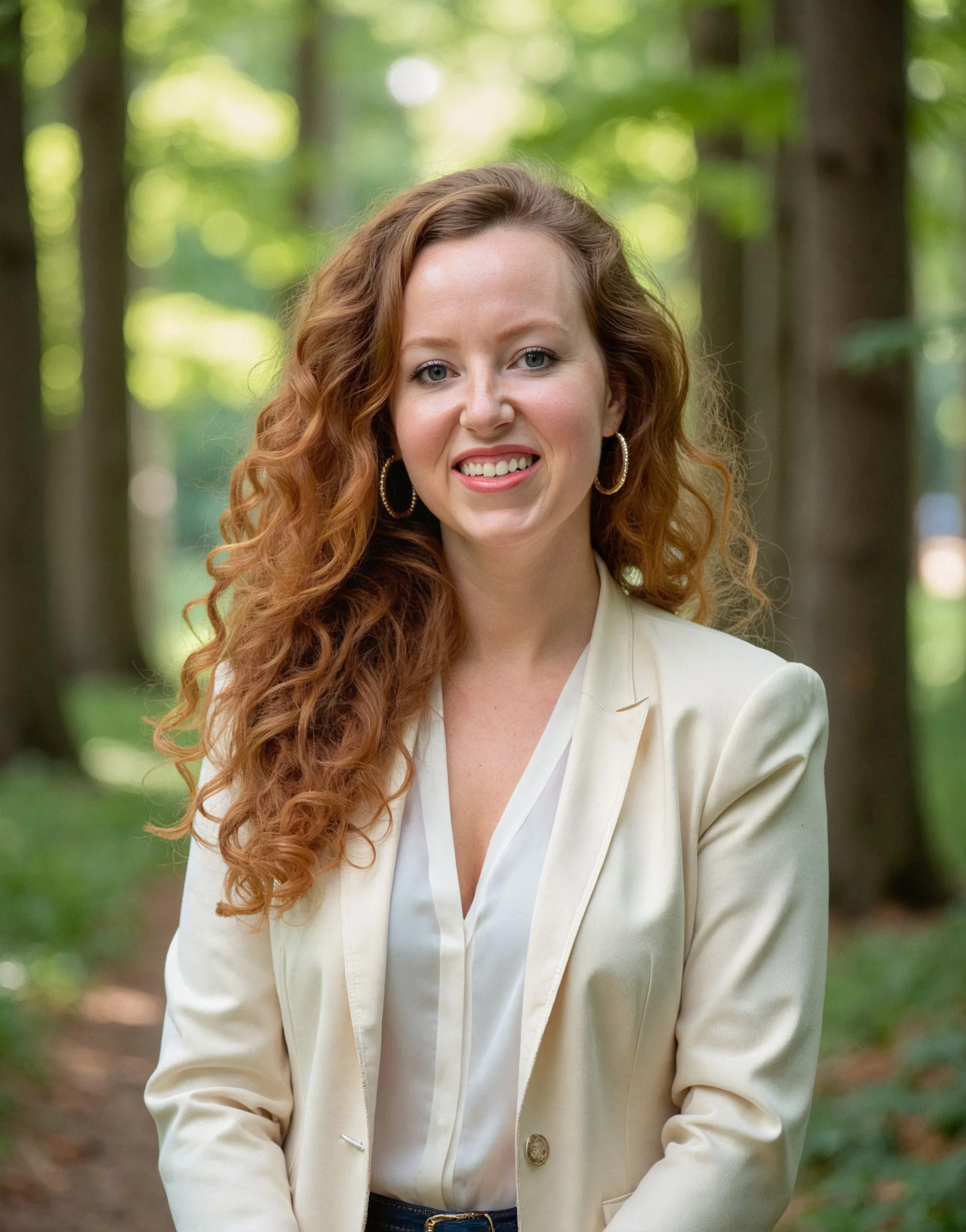 A woman with curly red hair smiling outdoors in a forested area wearing a light-colored blazer and hoop earrings.