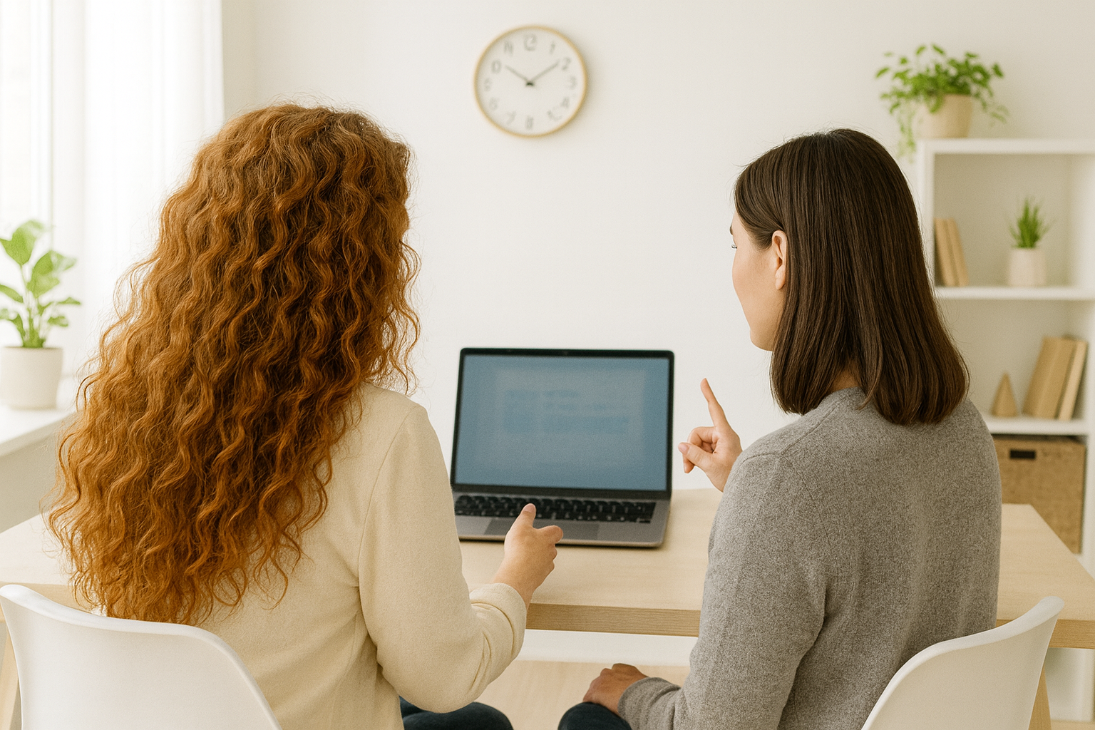 Two women having a discussion in an office with a laptop on the table, a clock on the wall, and shelves with plants and books in the background.