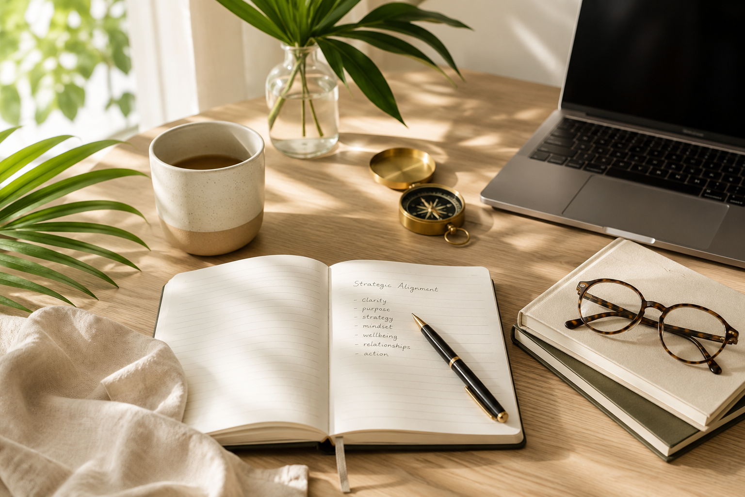 A workspace with a wooden desk holding an open notebook with notes on strategic alignment, a black pen, a stack of books with glasses on top, a laptop, a coffee mug, a glass vase with green plants, a gold compass, and a gold case, with sunlight streaming through a window.