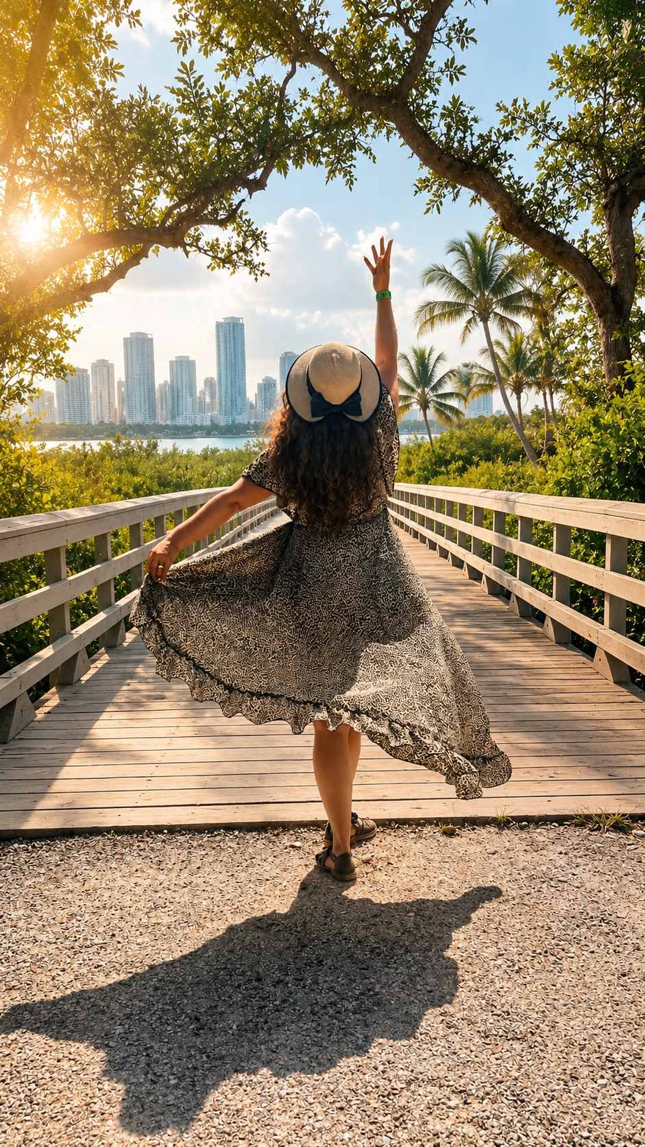 A woman with curly hair wearing a wide-brimmed hat with a bow, a flowing patterned dress, and sandals, dancing on a wooden pathway surrounded by greenery with city skyline and water in the background during sunset.