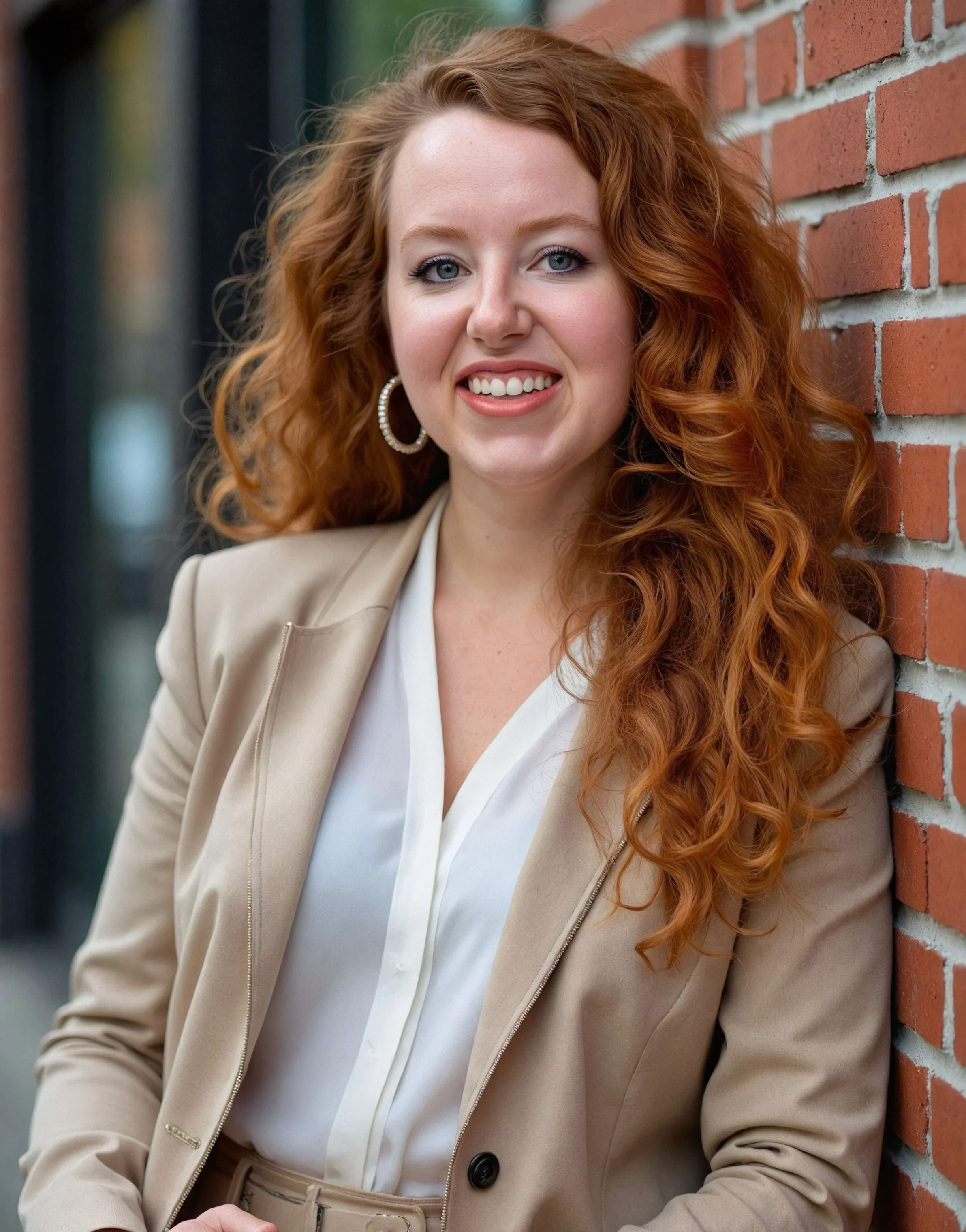 Close-up of a woman with long curly red hair leaning against a brick wall, smiling, dressed in a beige blazer over a white shirt, wearing hoop earrings.