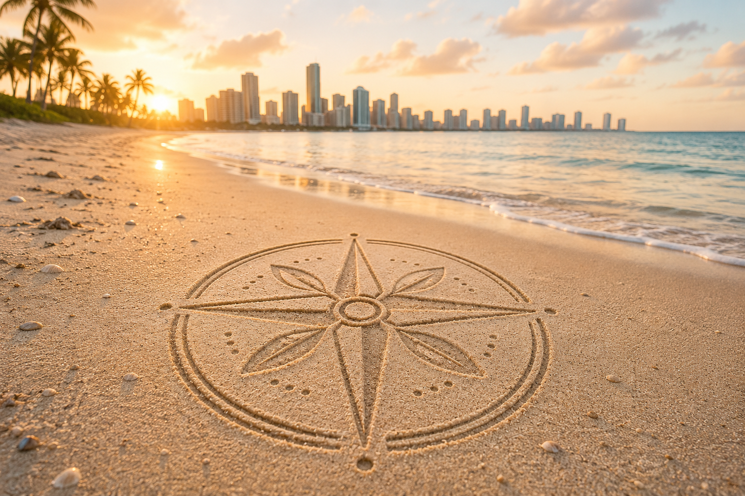 Sand drawing of a compass rose on a beach with the city skyline and palm trees in the background at sunset.