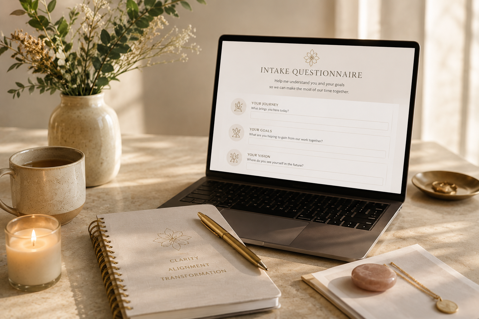 A workspace with a laptop displaying an intake questionnaire, a notebook with a gold pen, a lit candle, a mug of coffee, a vase with flowers, and a gold jewelry piece on a marble table.
