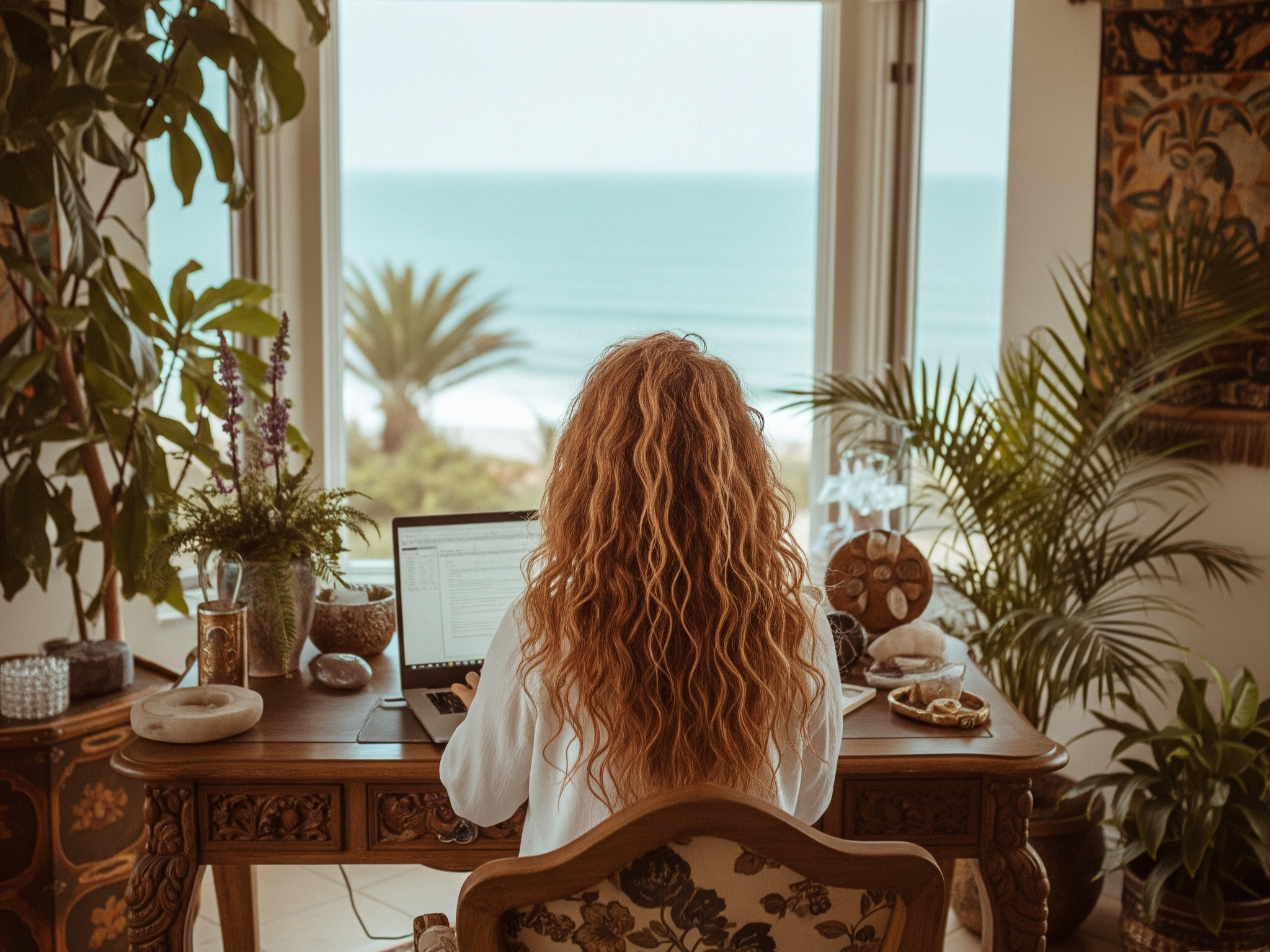 Woman with long curly hair working on a laptop at a wooden desk surrounded by potted plants with a view of the ocean through large windows.