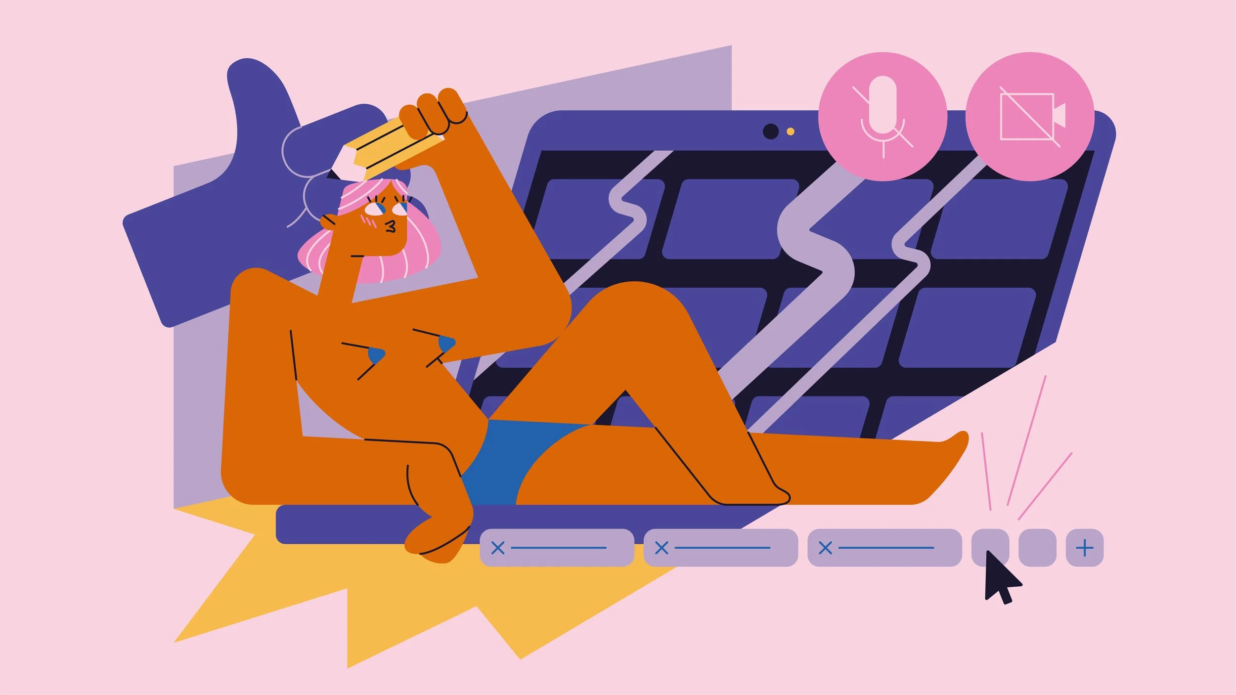 A digital illustration of a person with pink hair, glasses, and orange skin, sitting with legs crossed in front of a laptop with a solar panel in the background. The person is holding a pencil and appears to be writing or drawing. There are icons for