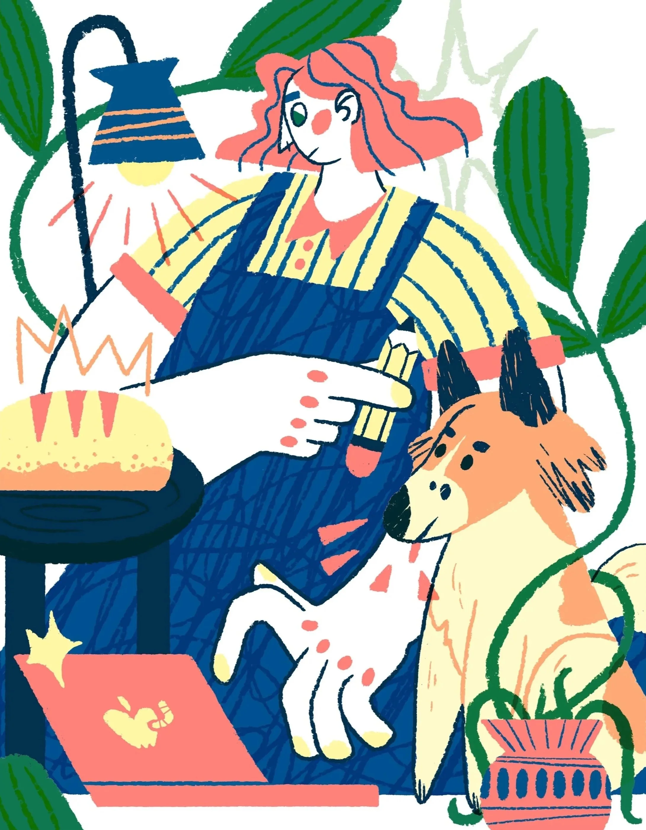 An illustration of a girl with pink hair, a yellow striped shirt, and blue overalls, pointing at a slice of cake on a table, surrounded by green plants, a lamp, and a small brown dog.