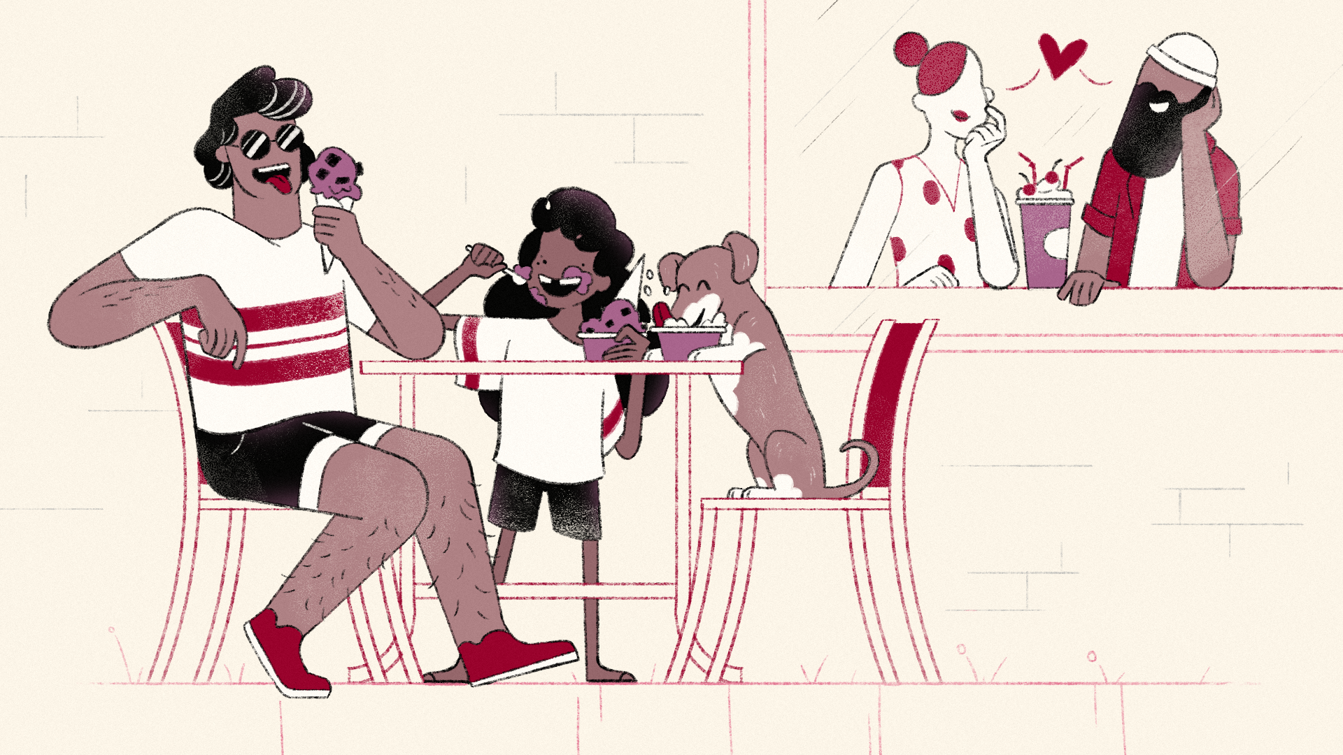 A person with dark hair and sunglasses sitting outside, holding a purple skull-shaped ice cream, with a smiling dog next to them. A young child with dark hair and a big smile is holding a similar ice cream cone. In the background, two women are engag