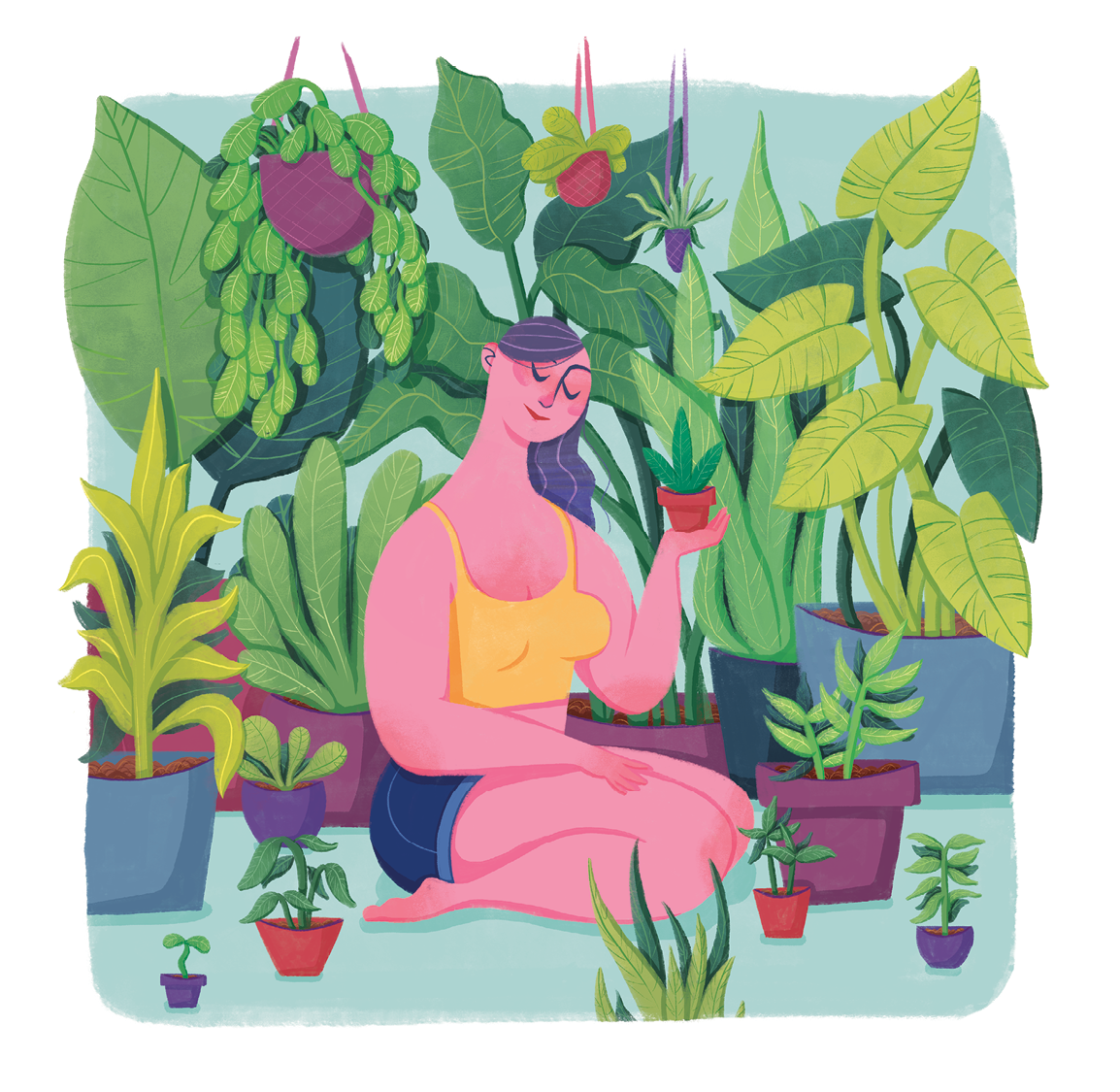 A woman with purple hair and pink skin is kneeling among various potted tropical plants, holding a small potted plant.