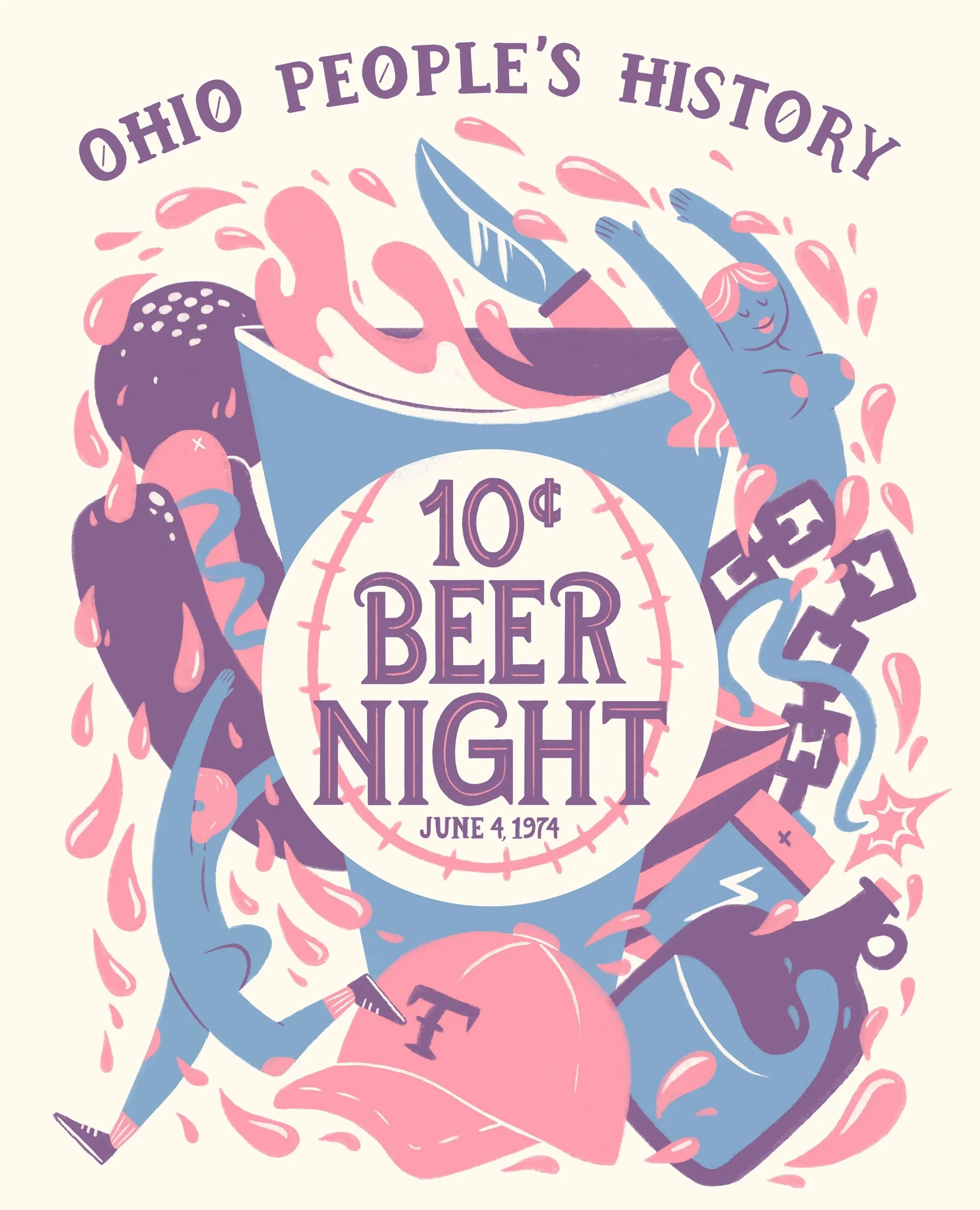 Illustration of a blue woman with pink hair celebrating Ohio People's History Night on June 4, 1974, with pink and purple liquids and spring-like elements.