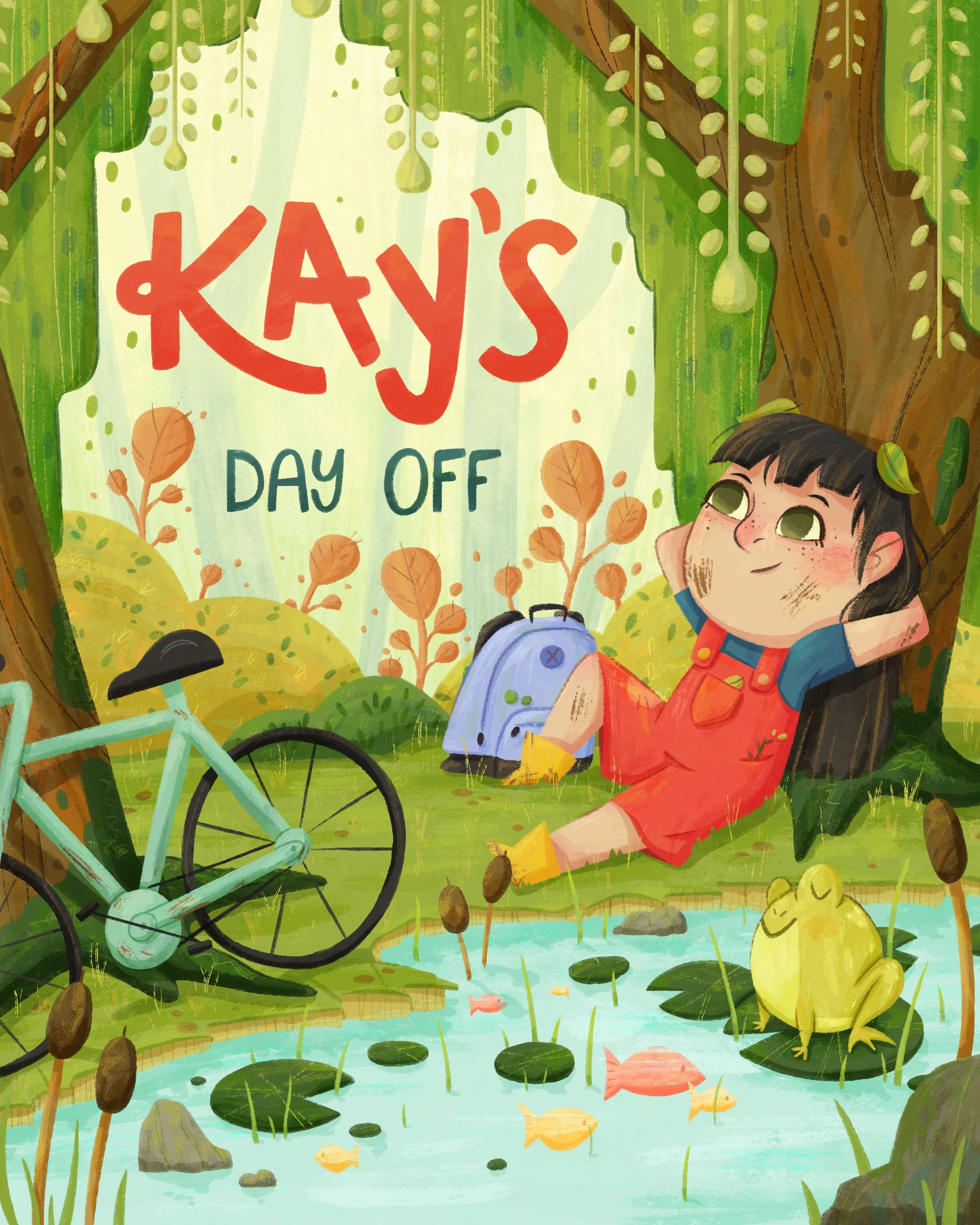 A young girl with freckles, wearing orange overalls and a blue shirt, sitting beside a pond with ducks, surrounded by trees and plants, in a colorful, animated style.