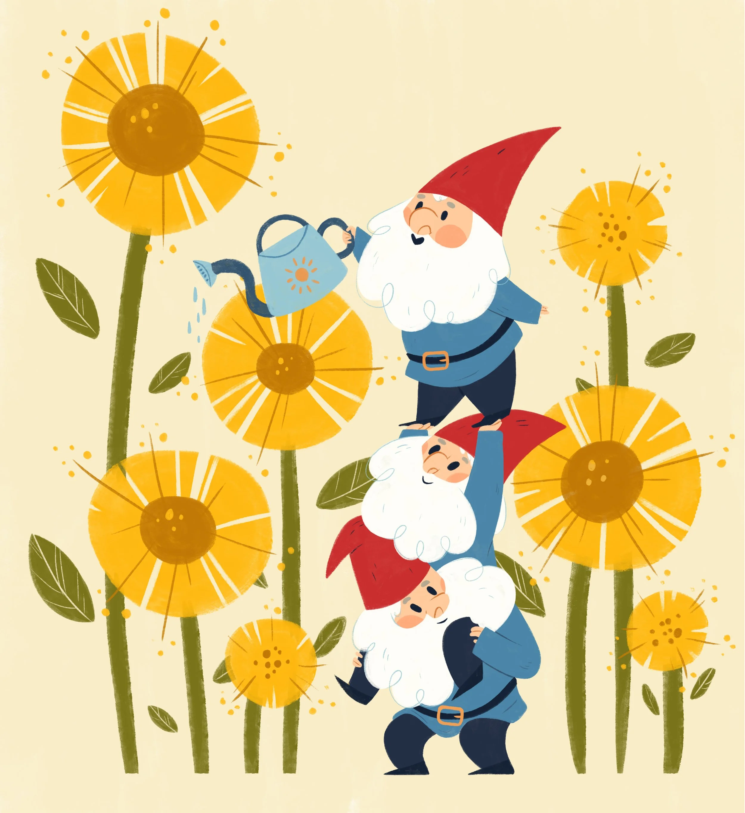 Cartoon gnomes stacking on each other among large yellow flowers with green stems and leaves, yellow petals, and brown centers, on a light yellow background.