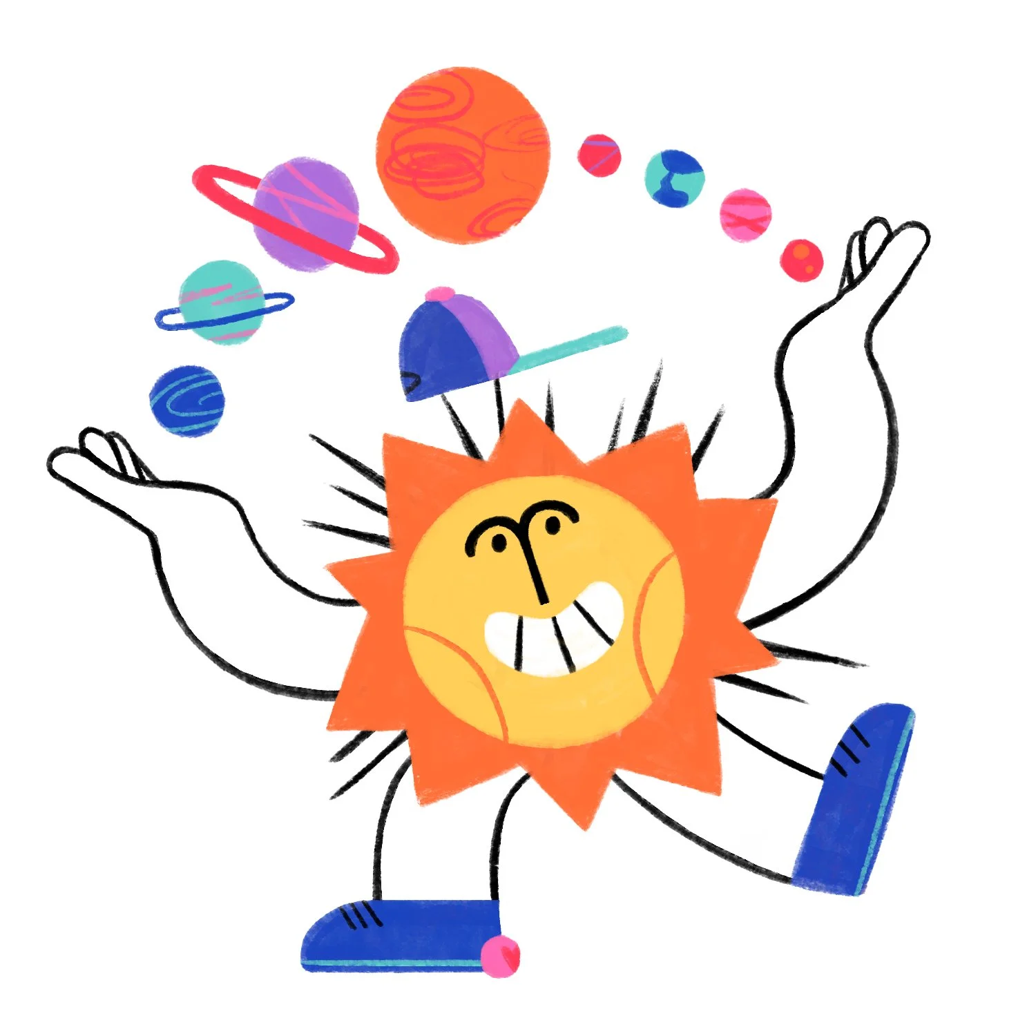 A cheerful, cartoon-style sun with a smiling face and arms raised, surrounded by colorful planets and stars, wearing blue shoes.