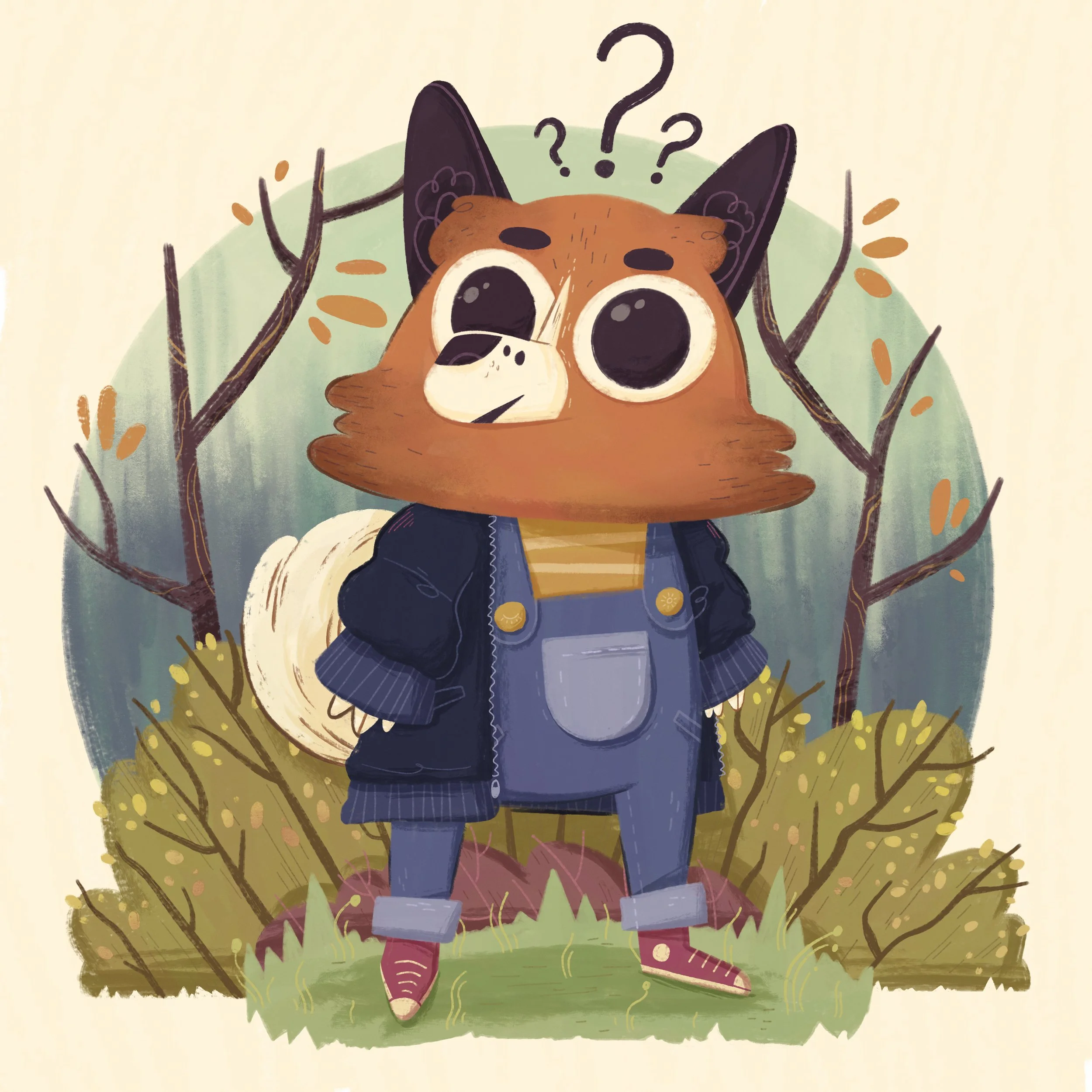 An illustrated cartoon of a fox-like animal standing on its hind legs surrounded by trees, grass, and foliage, with question marks above its head, wearing a striped shirt and overalls.