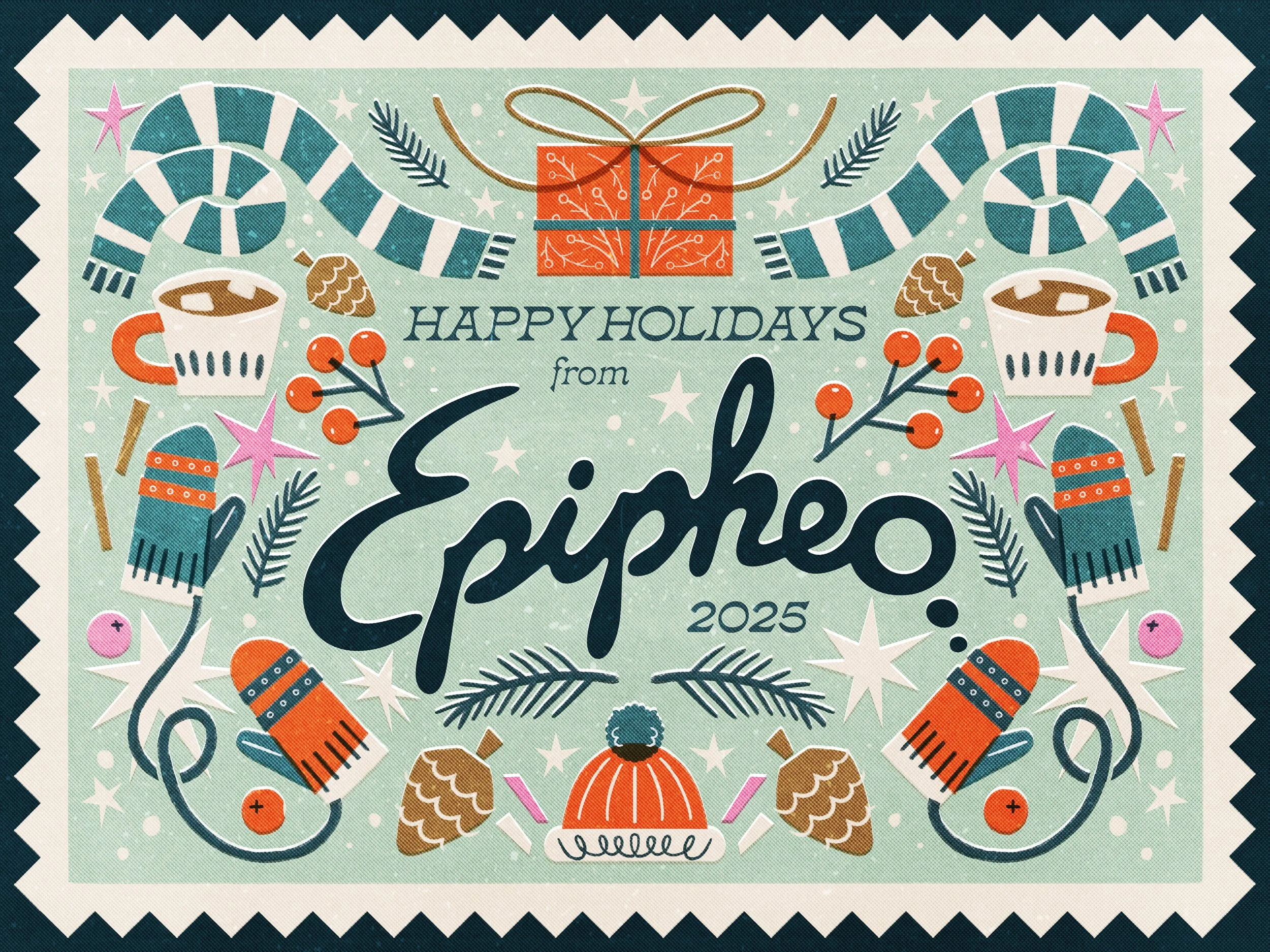 Holiday greeting card with peppermint candies, pine branches, a wrapped gift, hot cocoa mugs, mittens, and festive decorations. Text says "Happy Holidays from" followed by a blank space.