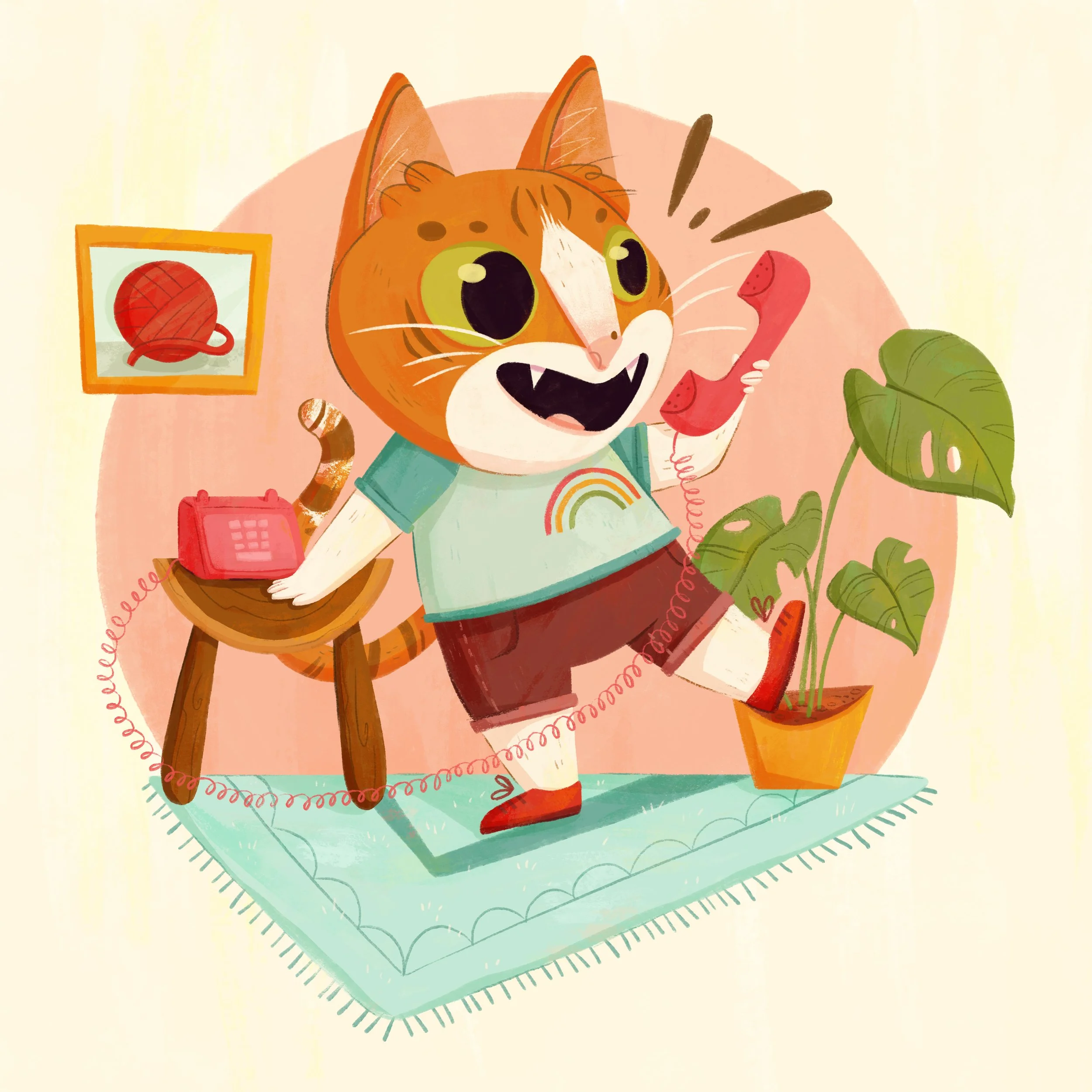 Illustration of a cheerful orange cat with makeup, holding a red telephone receiver, sitting at a table with a plant and a framed picture of a ball of yarn.