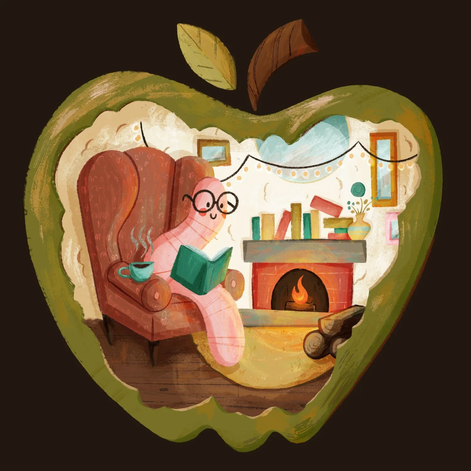 A cozy scene inside an apple cut in half, featuring a pink worm wearing glasses sitting in a comfortable armchair, reading a book, with a mug on the armrest. The background shows a fireplace, a shelf with books, patterned wallpaper, and framed pictur