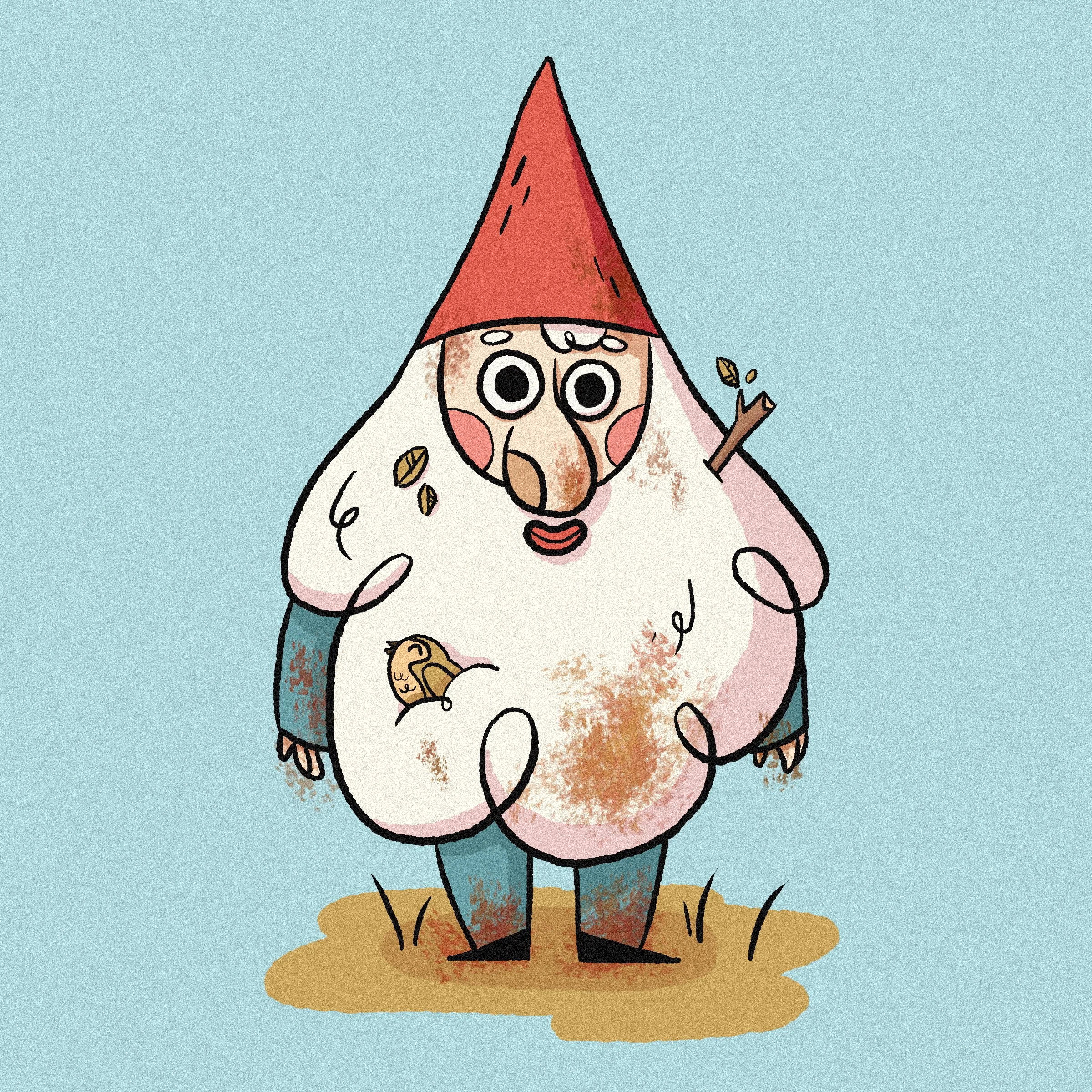 A cartoon illustration of a mole wearing a red pointy hat, standing on a patch of brown ground with a light blue background.