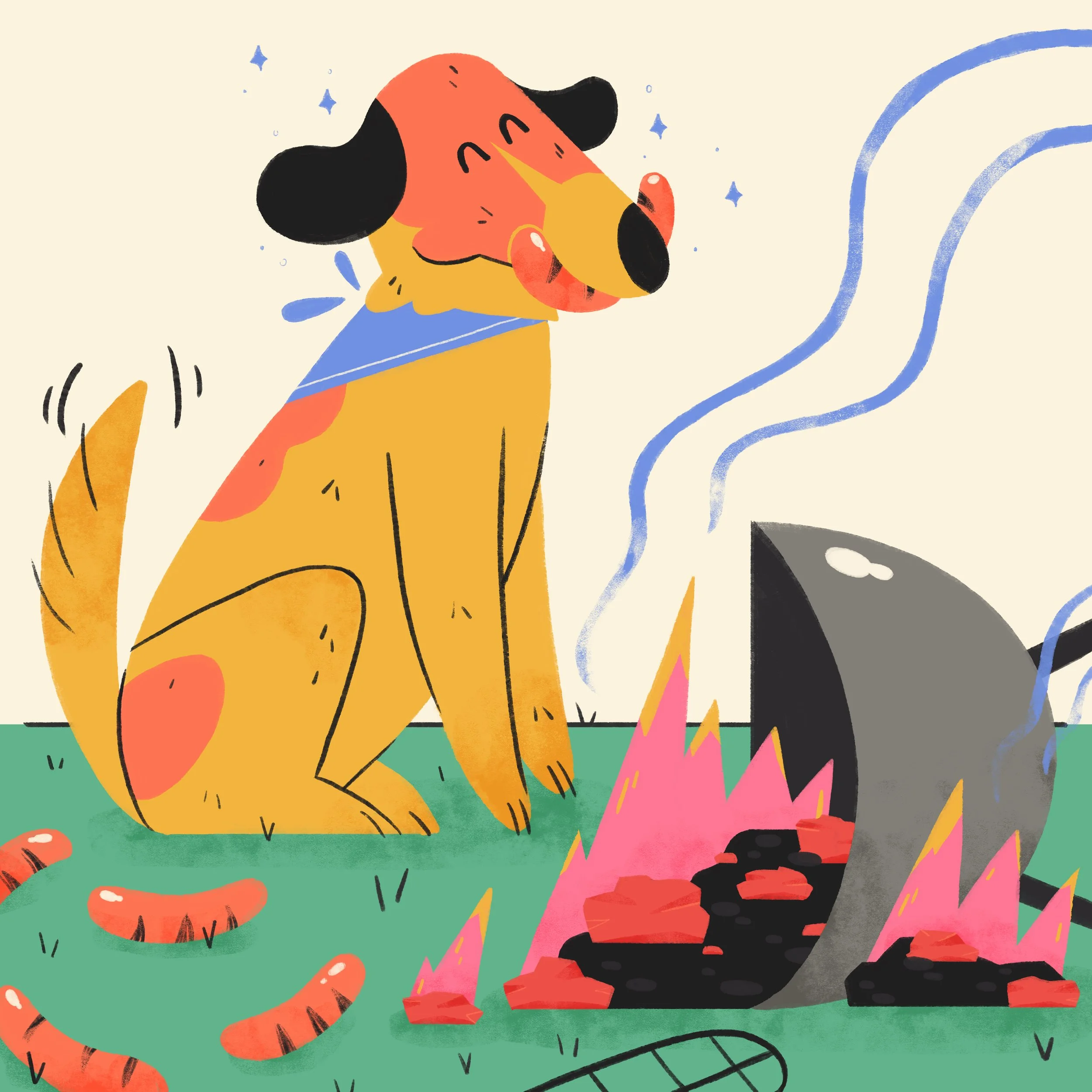 Colorful illustration of a smiling tiger sitting on the grass next to a campfire, with stones nearby and mountain-like shapes in the background.