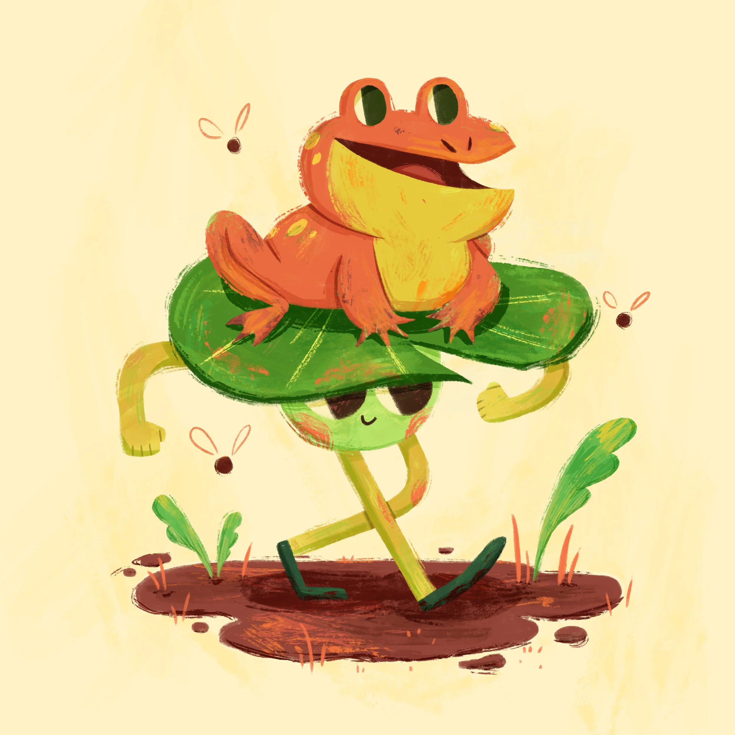 A playful, colorful illustration of a frog with a wide open mouth, sitting on a green lily pad in a muddy pond with some grass and small circles around.