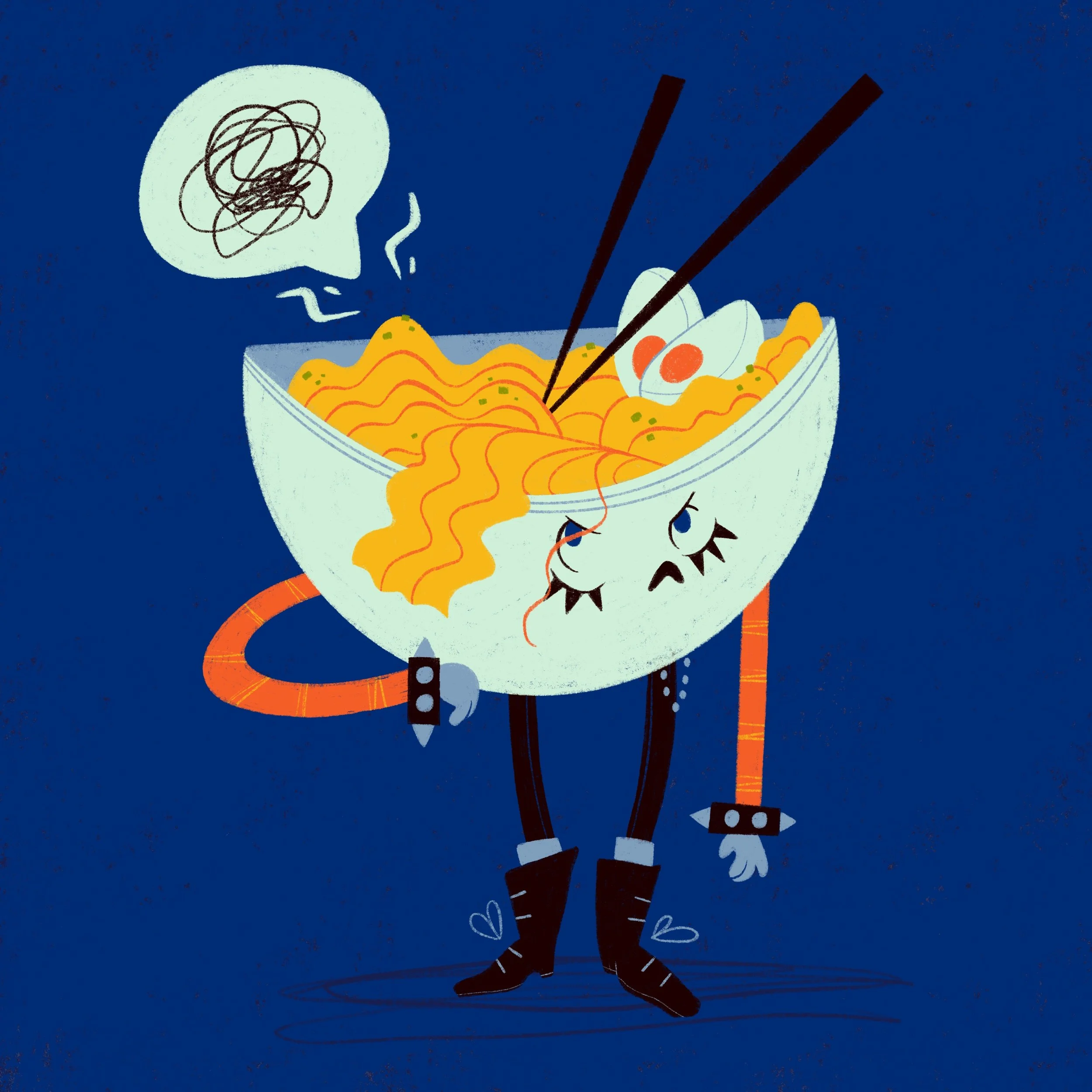 A cartoon dog standing on a dark blue background, wearing striped orange and black pants, black boots, and a checkered orange vest. The dog has white fur, black spots, black nose, big black eyes, and wearing a collar. It appears to be happy and excit