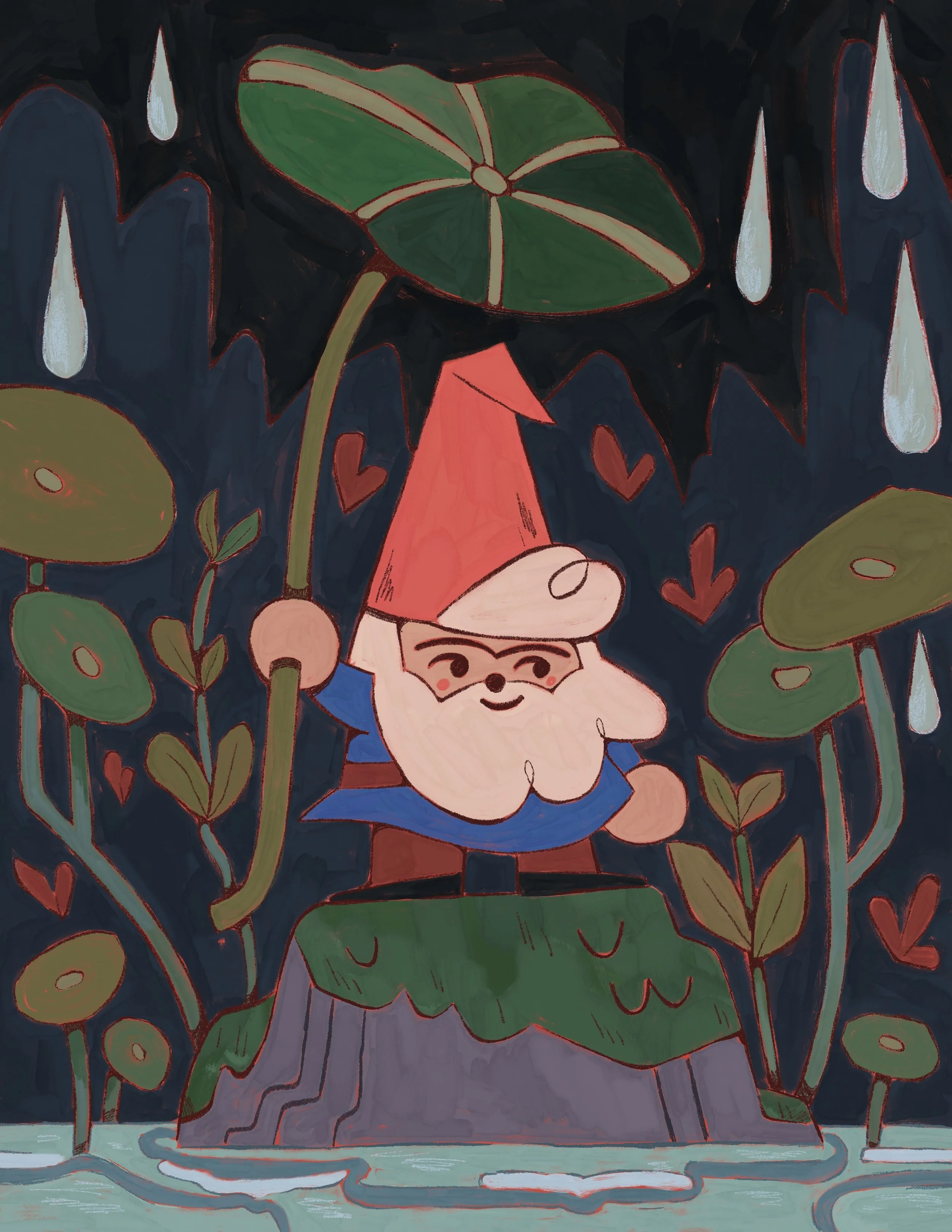 A cartoon illustration of a small elf-like character wearing a red hat and blue outfit, standing amidst large green plants with circular leaves and white flowers with purple tips. The character is smiling and appears to be in a forest or garden setti