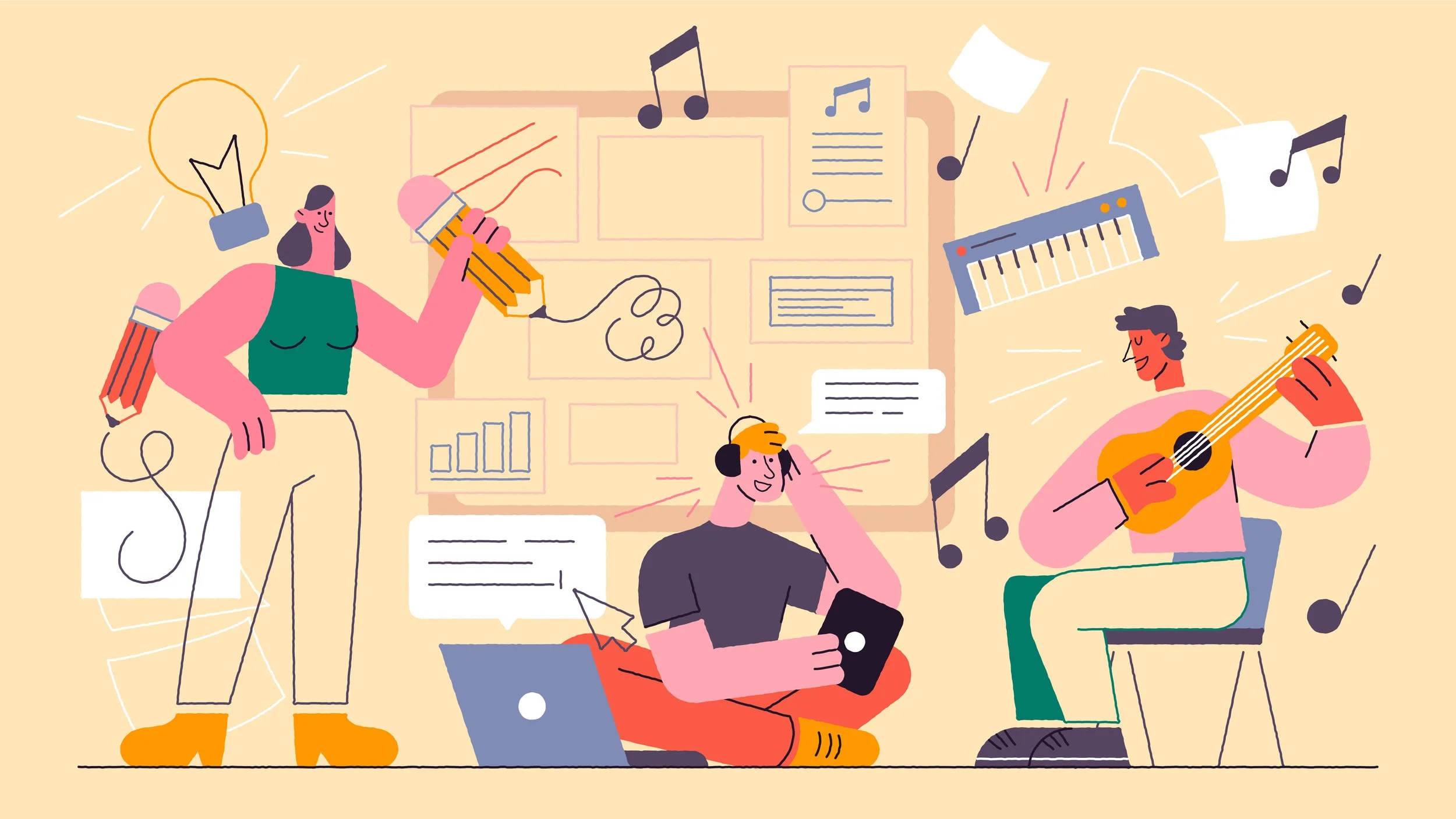 Illustration of four people engaging in music creation and listening. One person is singing with a microphone, another is playing a guitar, another is holding a smartphone, and the fourth is looking at a computer, with musical notes and sheets of mus