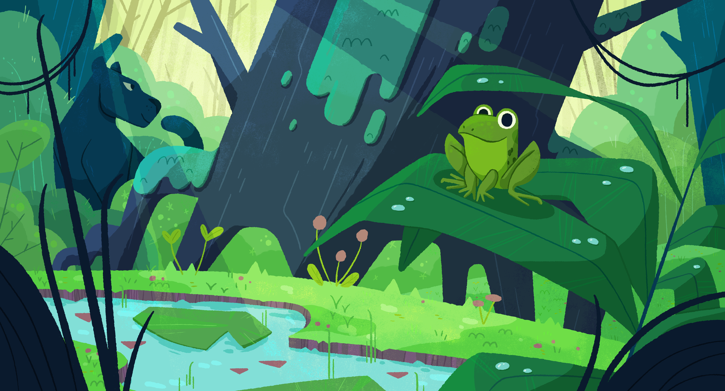 A cartoon-style illustration of a jungle scene with a black panther on a tree branch on the left and a green frog sitting on a large leaf on the right, with lush green foliage, plants, and a small pond with rocks in the background, during a rain.