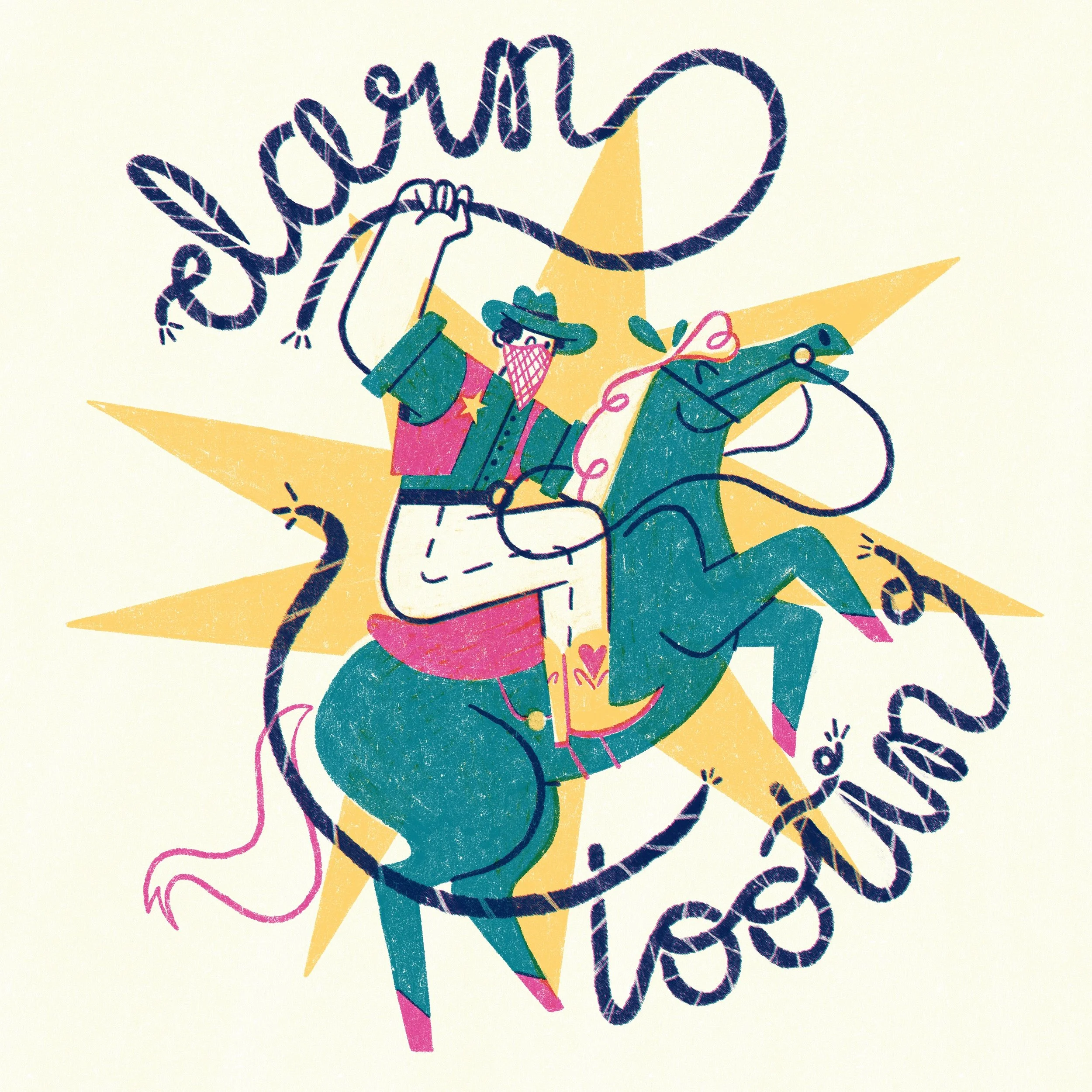 Illustration of a person wearing a hat, a pink bandana covering their face, and cowboy boots, riding a horse with a yellow star in the background. The person is holding a rope connected to the horse.