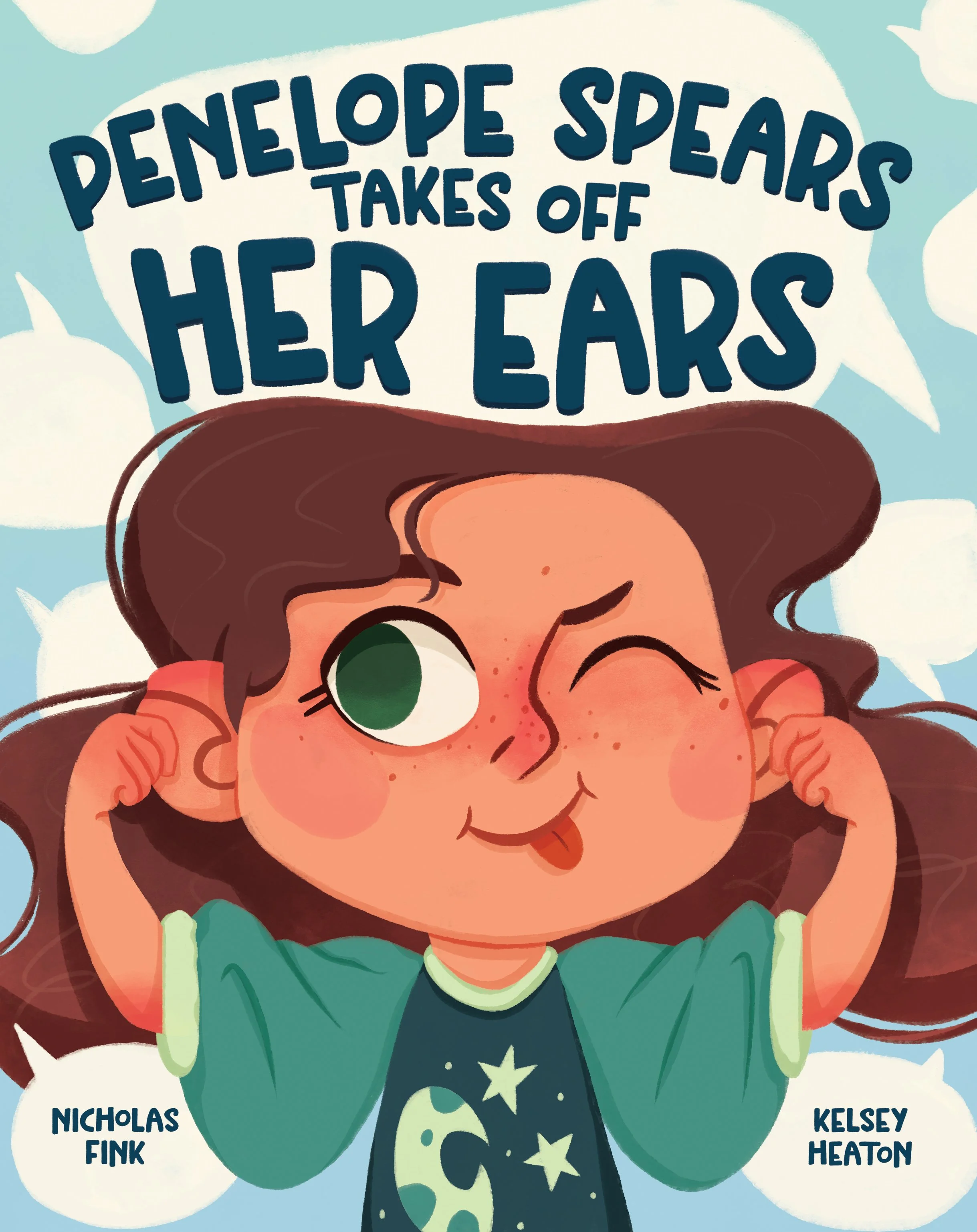 A cartoon illustration of a girl with brown hair winking, sticking out her tongue, and wearing a green jacket and a dress with stars. Speech bubbles include the text, 'Penelope Spears takes off her ears,' with her name and other names listed at the b