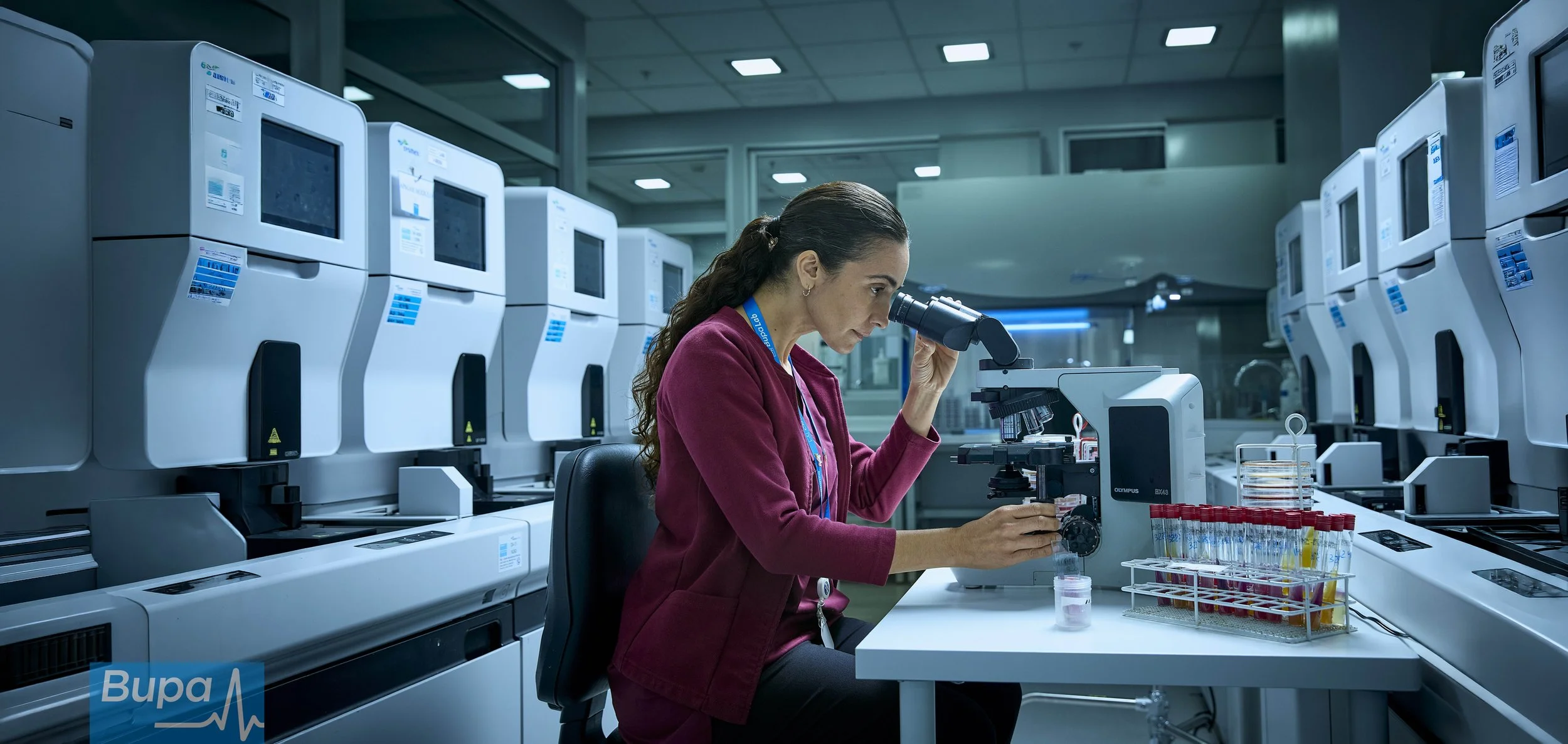 Mujer en laboratorio mirando por un microscopio con equipo científico y maquinaria en el fondo.