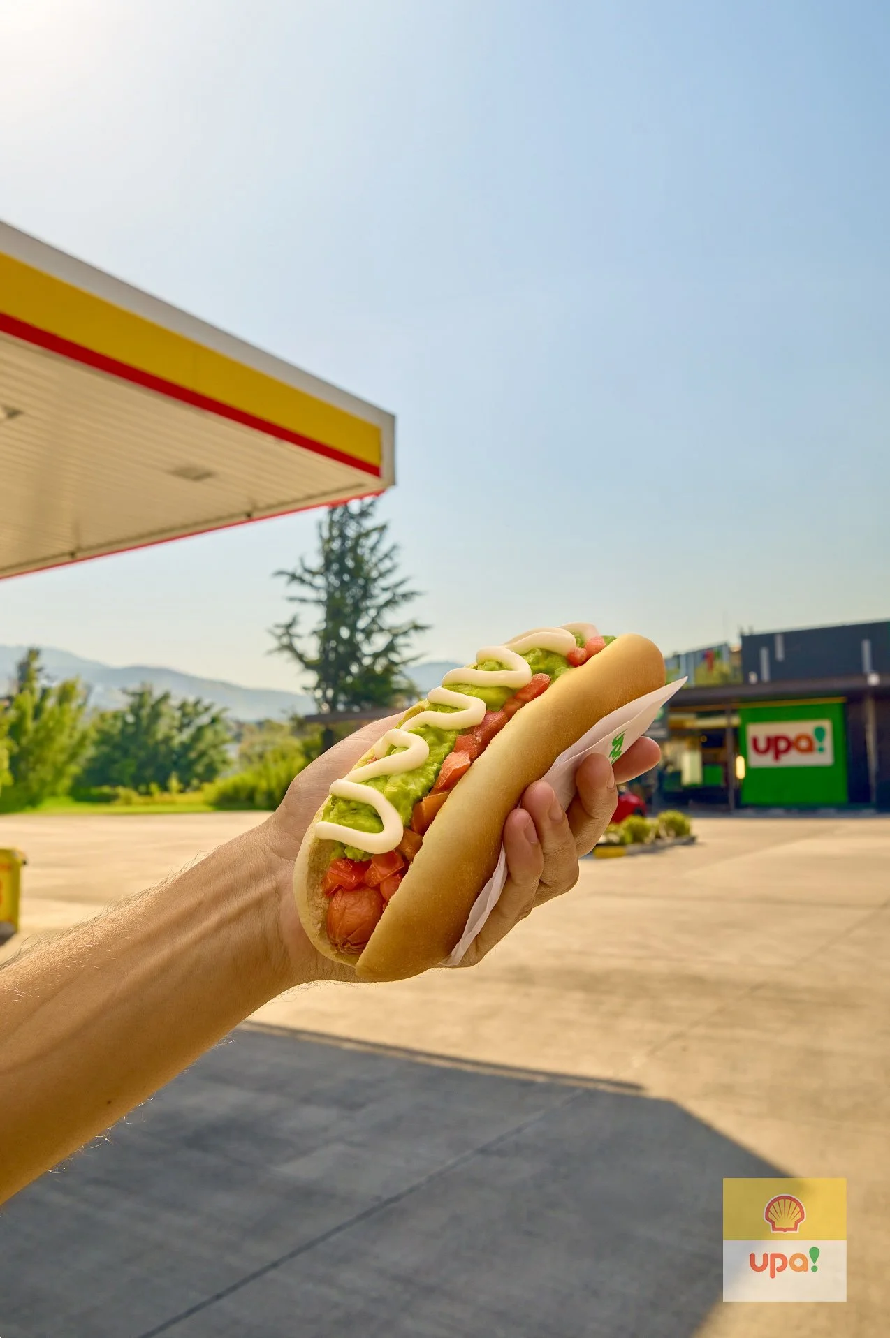 Persona sosteniendo un hot dog con ingredientes como tomate, guacamole, mayonesa y mostaza en una estación de servicio Shell en un día soleado.