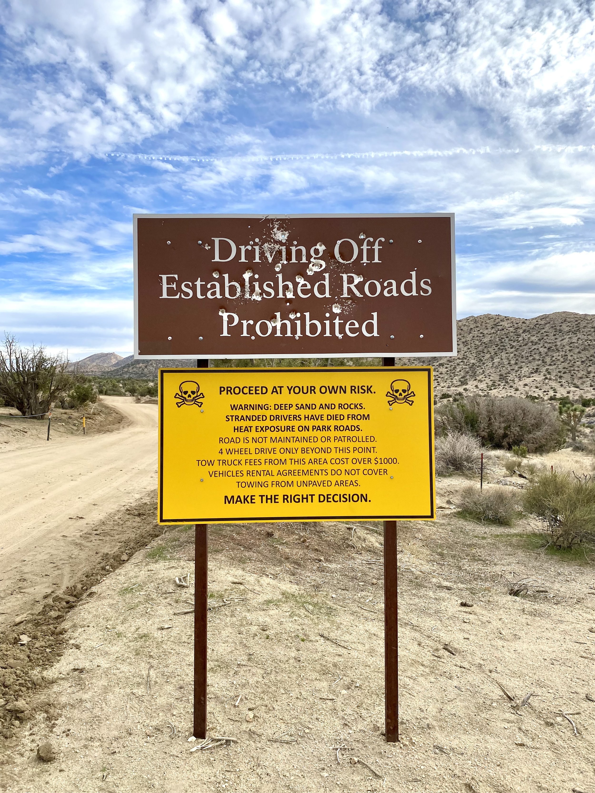 Sign with bullet holes stating 'Driving Off Established Roads Prohibited' and a second yellow warning sign with skull and crossbones, warning about deep sand, rocks, heat exposure, and instructing to proceed at your own risk, in a desert area with a dirt road and mountains in the background.