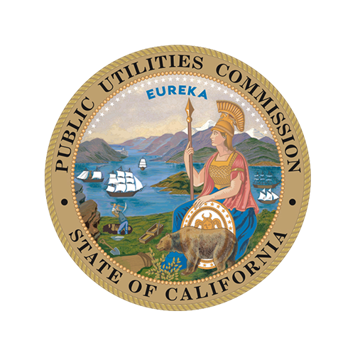 Seal of the California Public Utilities Commission featuring a female figure holding a spear, a bear, and a landscape with ships, mountains, and water.