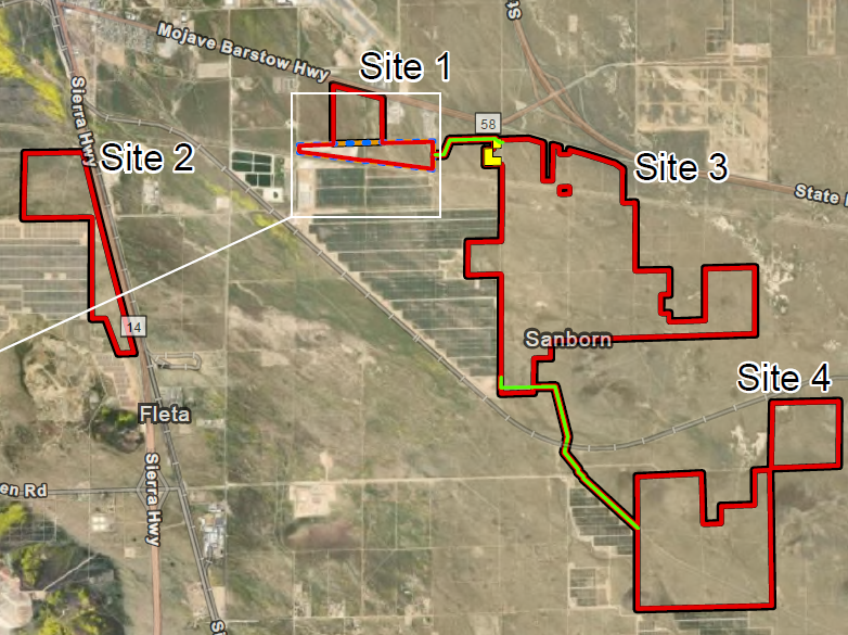 Map showing four designated sites and a pipeline route passing through Sanborn and other areas.