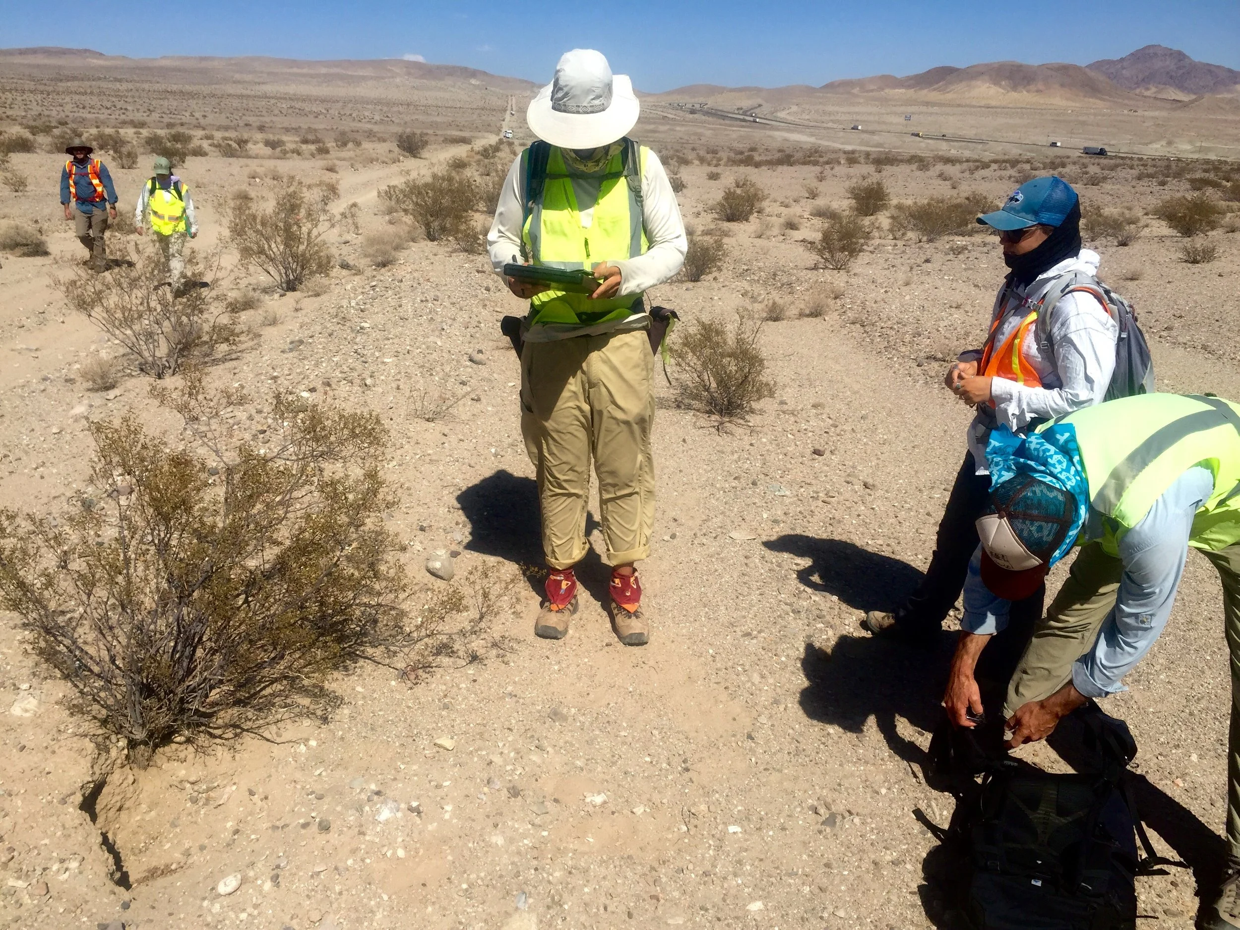 A group of people dressed for hiking in a desert landscape with sparse bushes and mountains in the background. Some are adjusting gear or looking at devices, wearing hats, sunglasses, and bright safety vests.