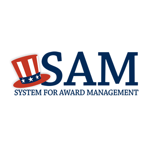 Logo for SAM: System for Award Management, featuring an Uncle Sam hat with stars and stripes.