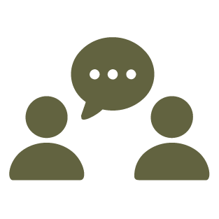 Two abstract human figures with a speech bubble above them containing three dots, representing a conversation or discussion.