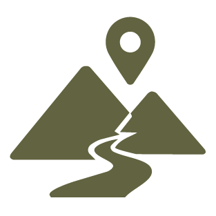 Illustration of mountains with a winding path and a location pin above the peaks.