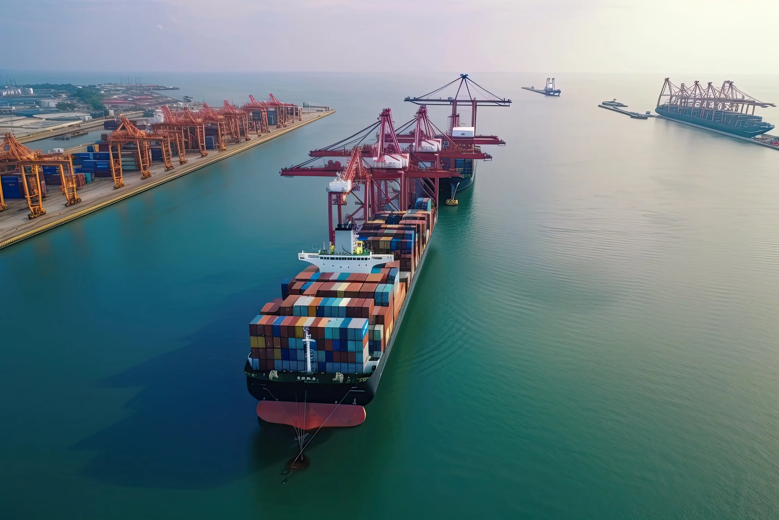 A large cargo ship with numerous containers on its deck is docked at a shipping port. Multiple red cranes are positioned along the dock, and some are extended over the ship, likely loading or unloading containers. The port extends into the distance with additional cranes and structures, and there are ships and boats visible outside the port in the water. The scene is set during daylight with a calm, slightly hazy atmosphere.
