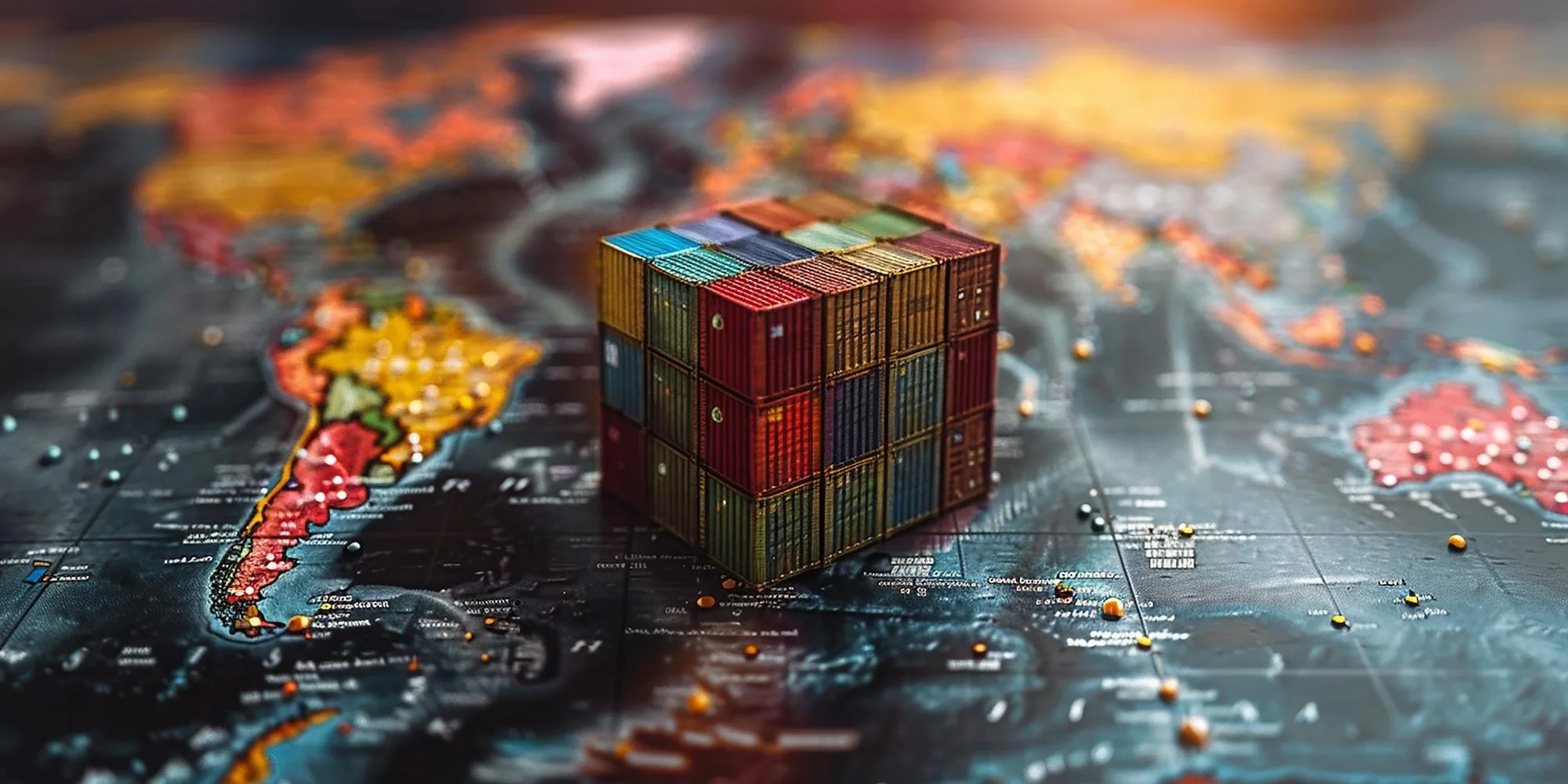 Stacked cargo containers on a world map with a focus on South America.