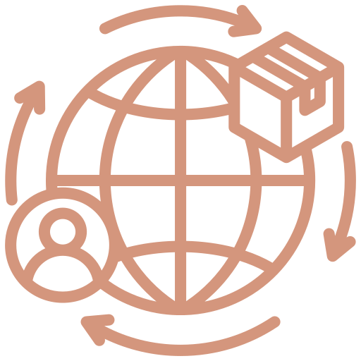 Icon of a globe with arrows, a box, and a person symbol, representing global shipping, packaging, and user or customer.